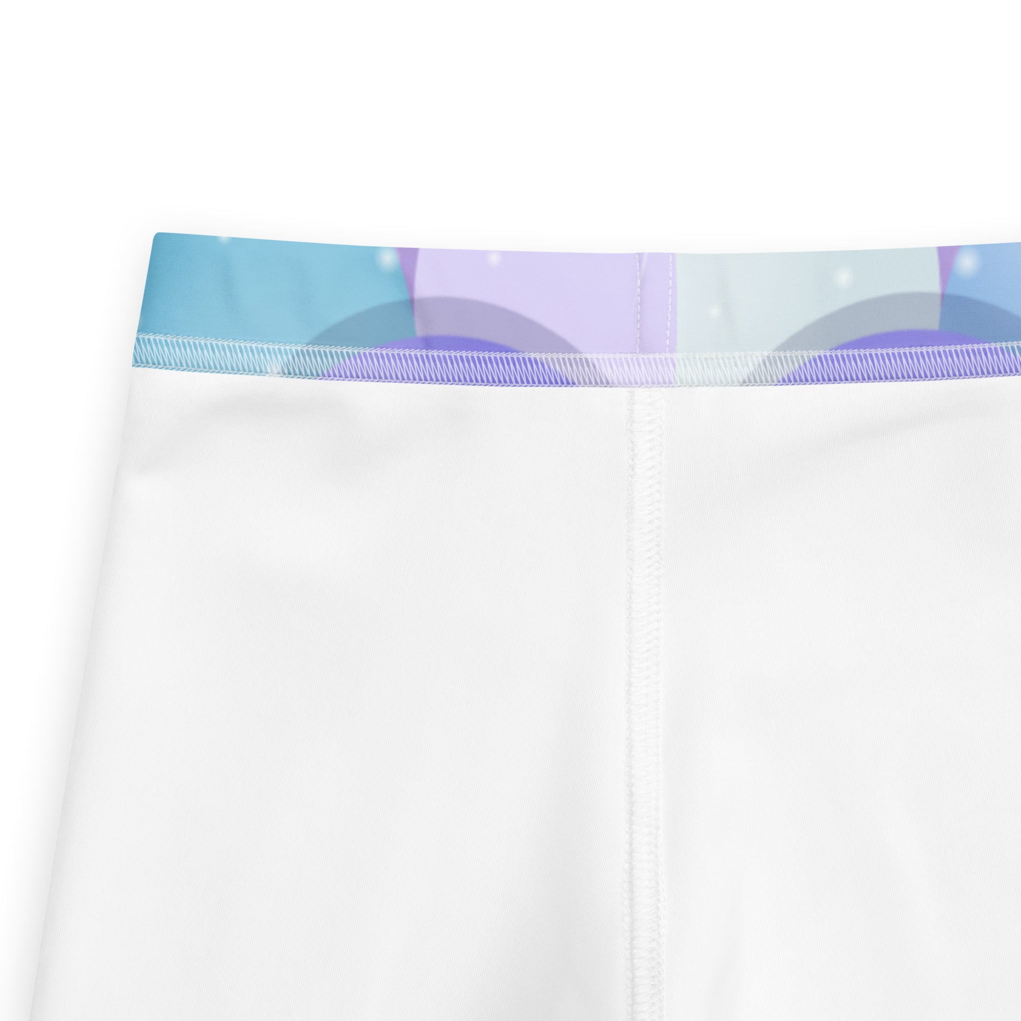 Girls purple mermaid buttery soft white leggings with a colorful pastel blue and purple abstract waistband