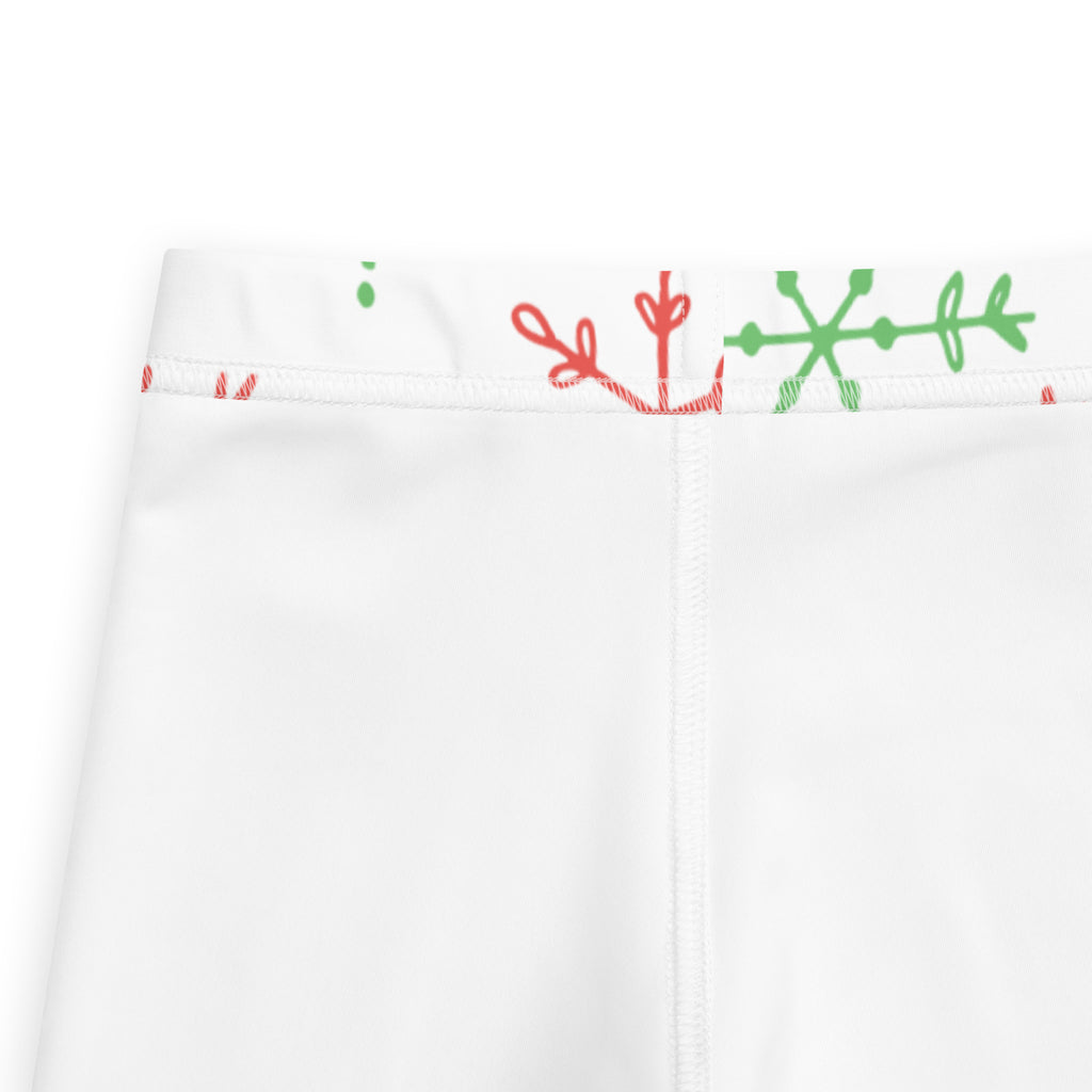 Kids red and green snowflake buttery soft white leggings with festive red and green embroidered waistband