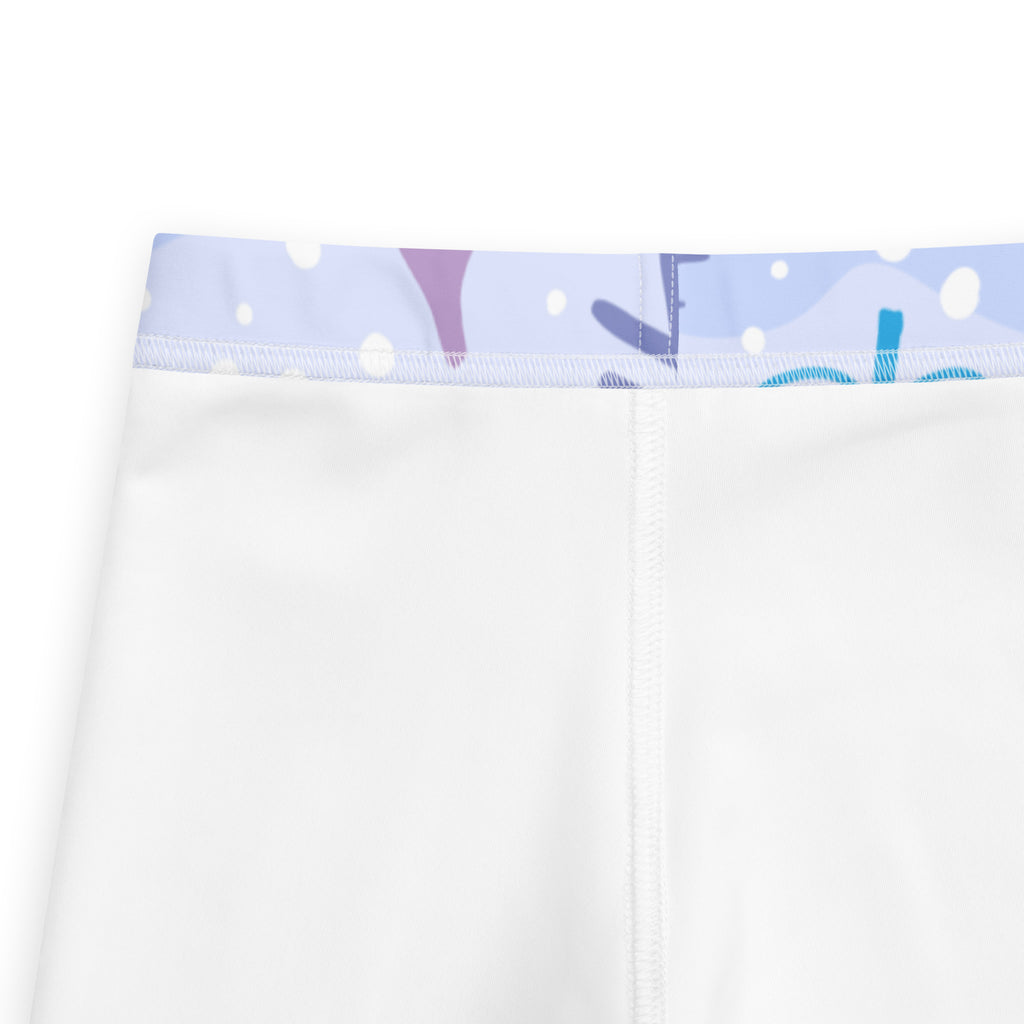 Kids snowy forest winter buttery soft white leggings with a colorful purple and blue abstract patterned waistband