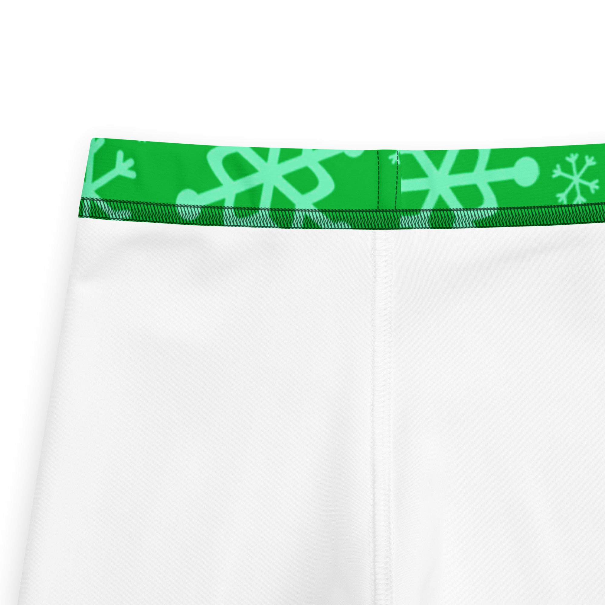 White athletic shorts with vibrant green elastic waistband and mint snowflake winter patterns for kids buttery soft leggings