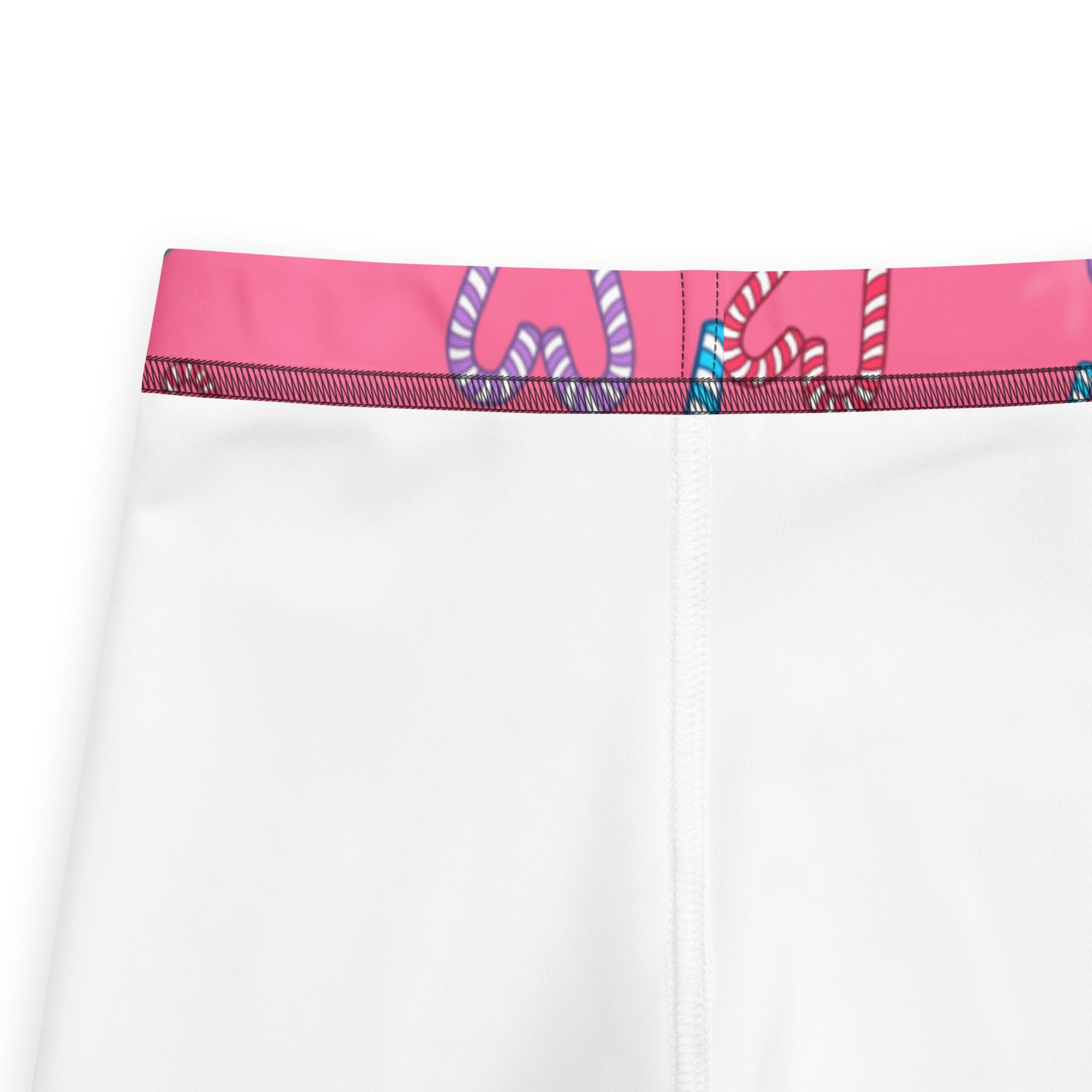 Girls pink candy cane heart buttery soft leggings white shorts with vibrant pink waistband and candy cane pattern