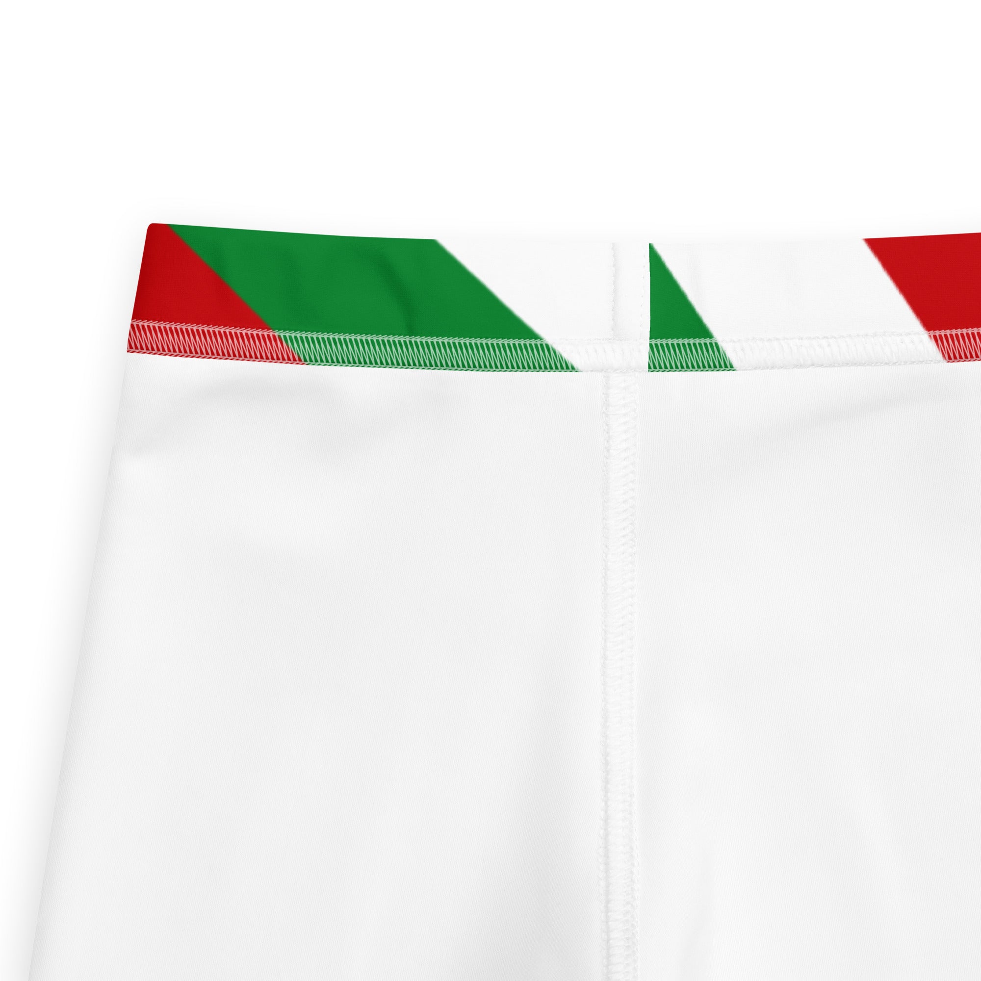 Kids red green and white christmas buttery soft leggings with white shorts and striped waistband detail