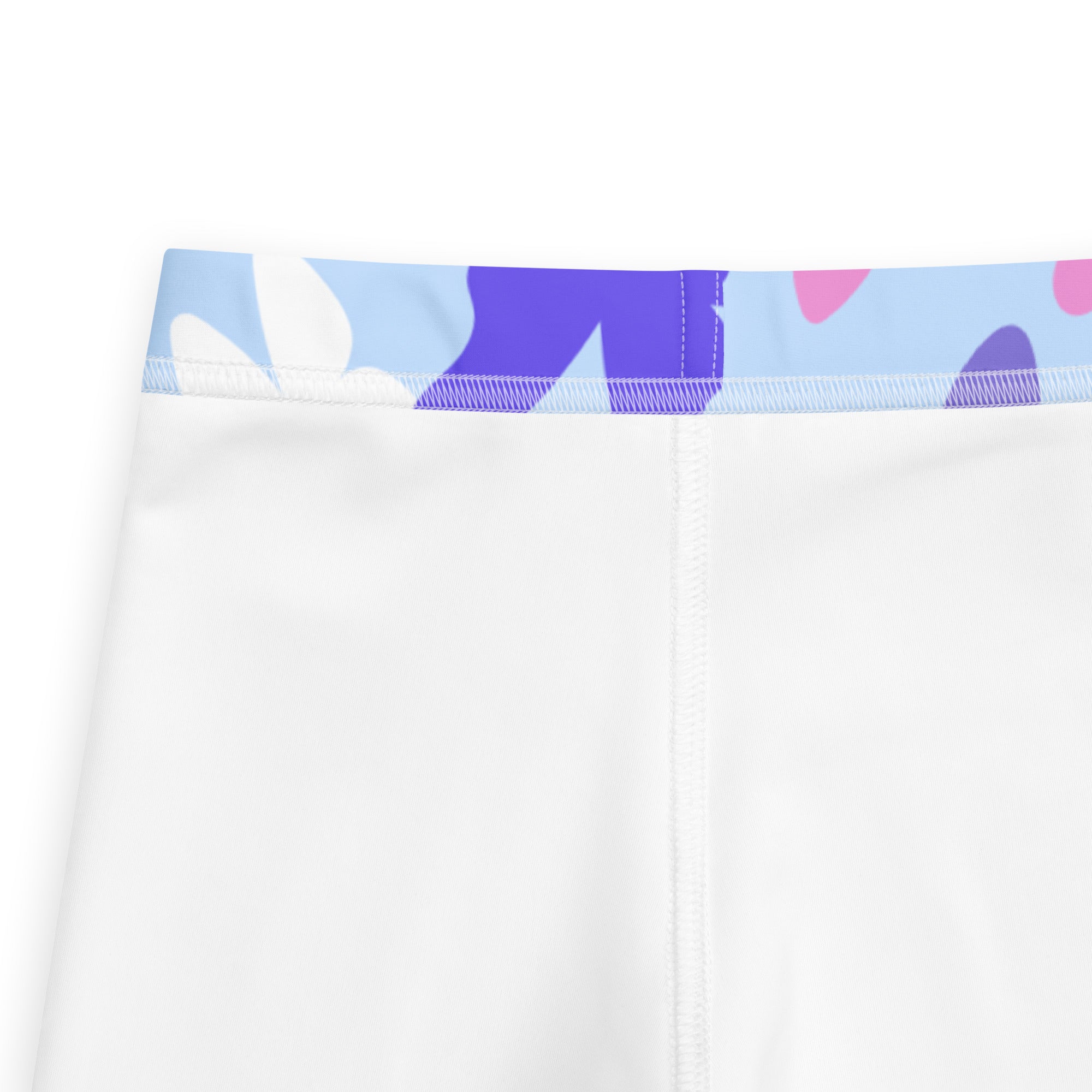 Girls pastel butterfly buttery soft white leggings with a colorful abstract blue purple and pink waistband