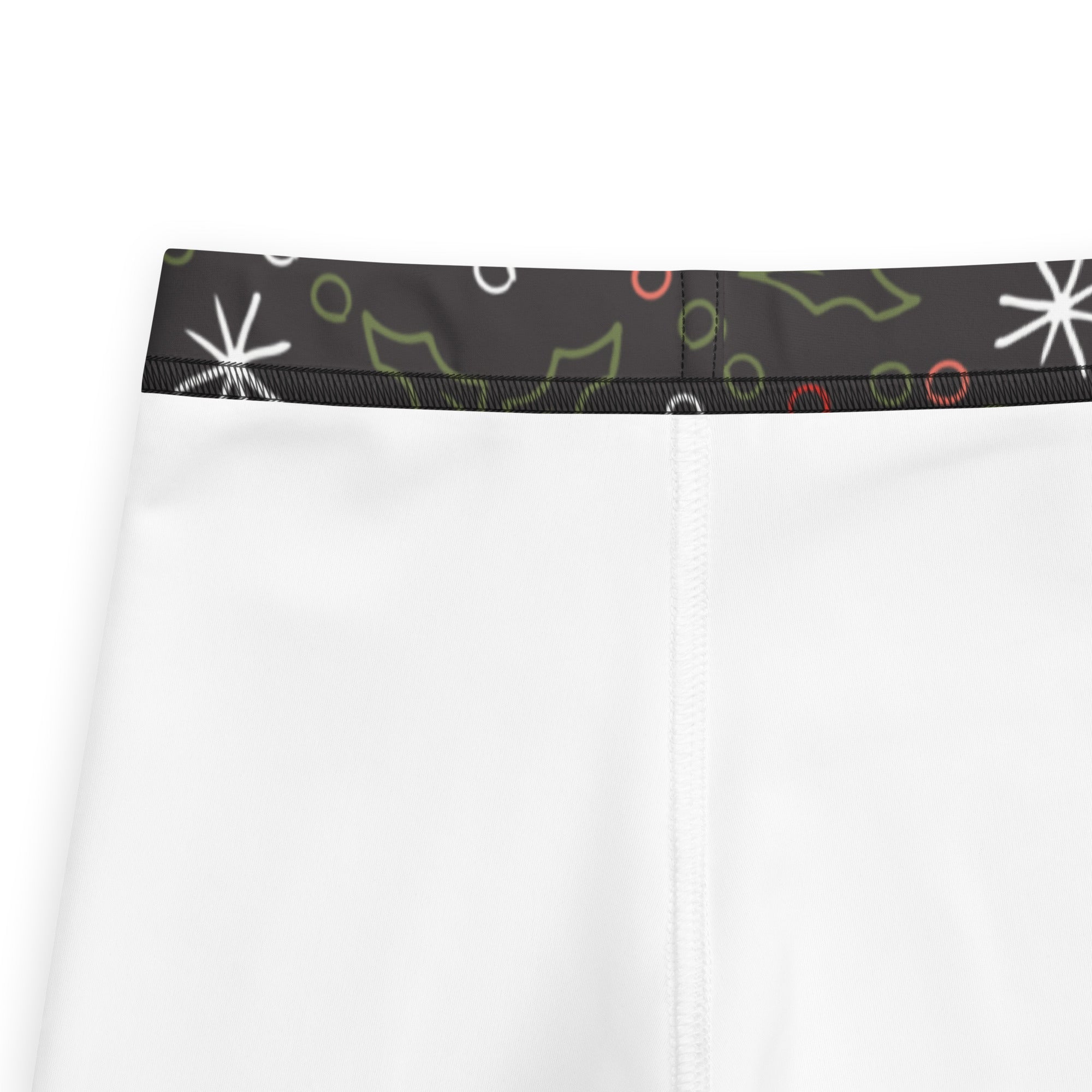 Kids christmas candy canes and holly leaves buttery soft white leggings with festive black waistband featuring starbursts and holly leaves