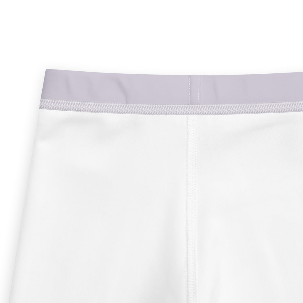 White girls buttery soft athletic leggings with a light gray elastic waistband and rainbow custom name design