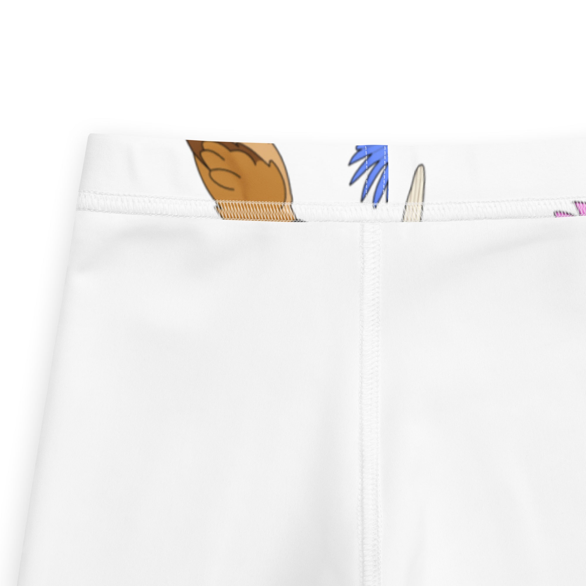 White buttery soft kids leggings with playful brown blue and pink cartoon print along the waistband