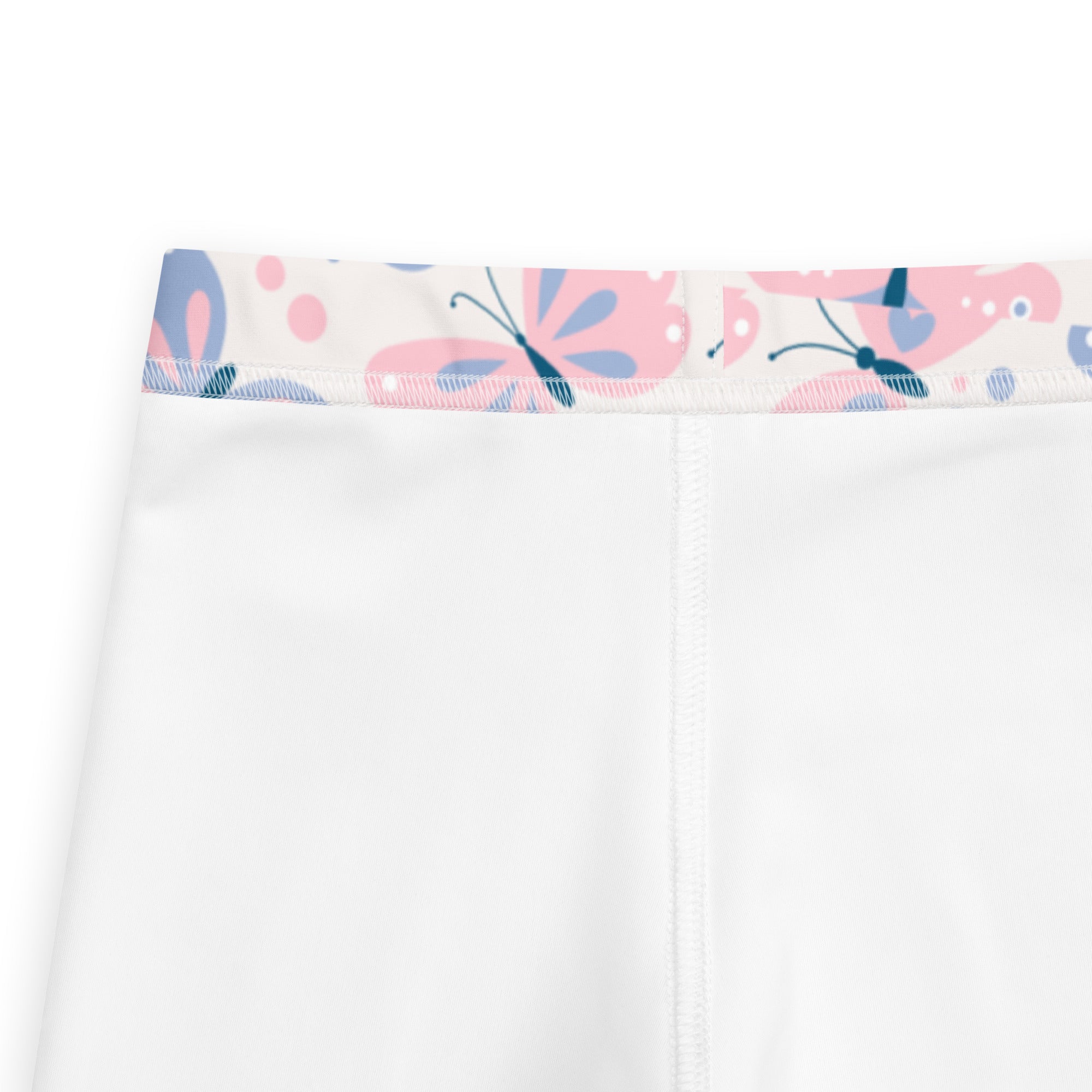 White girls leggings with decorative pink and blue butterfly waistband made of buttery soft fabric