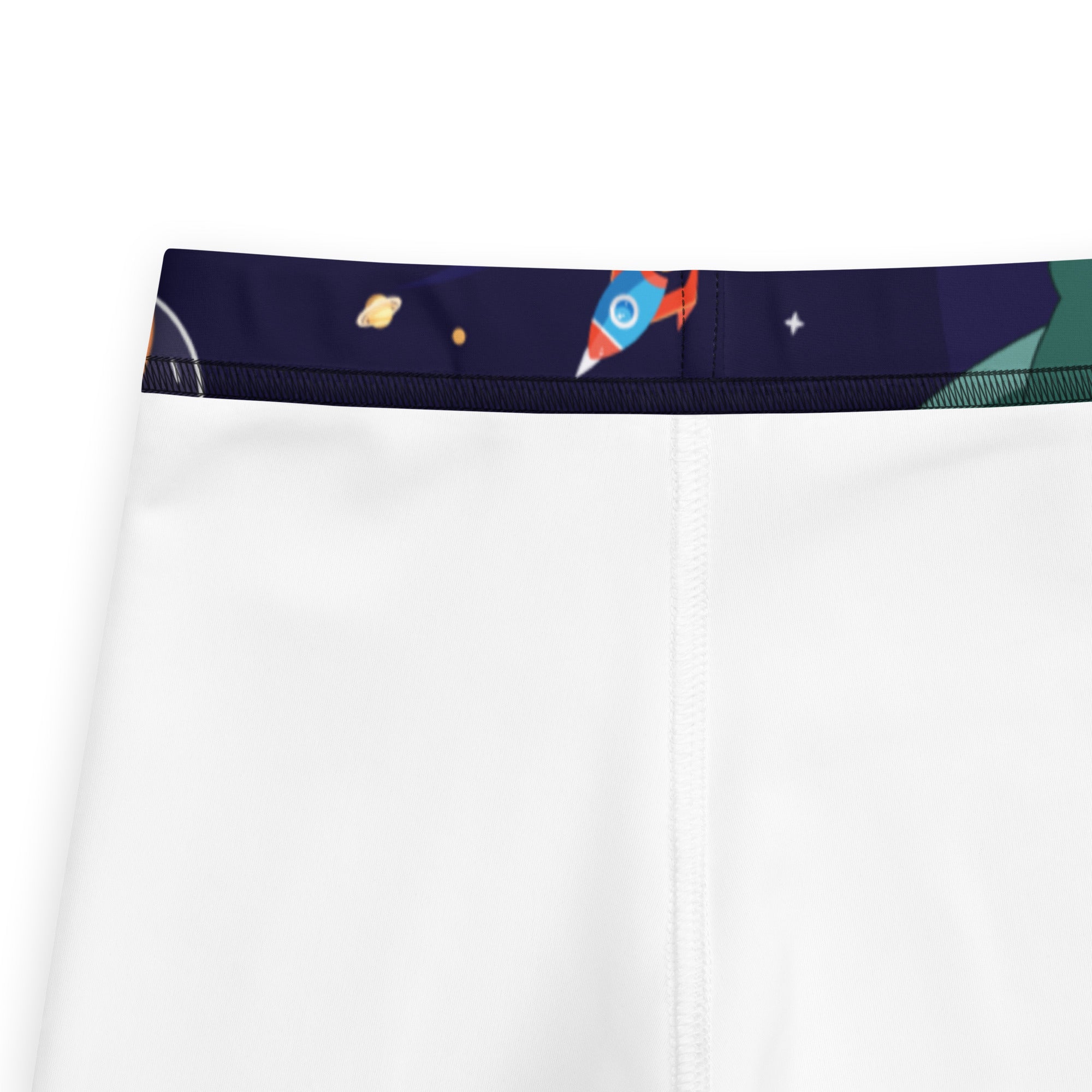 White athletic shorts with navy blue waistband and colorful space print rockets planets and stars for kids buttery soft leggings