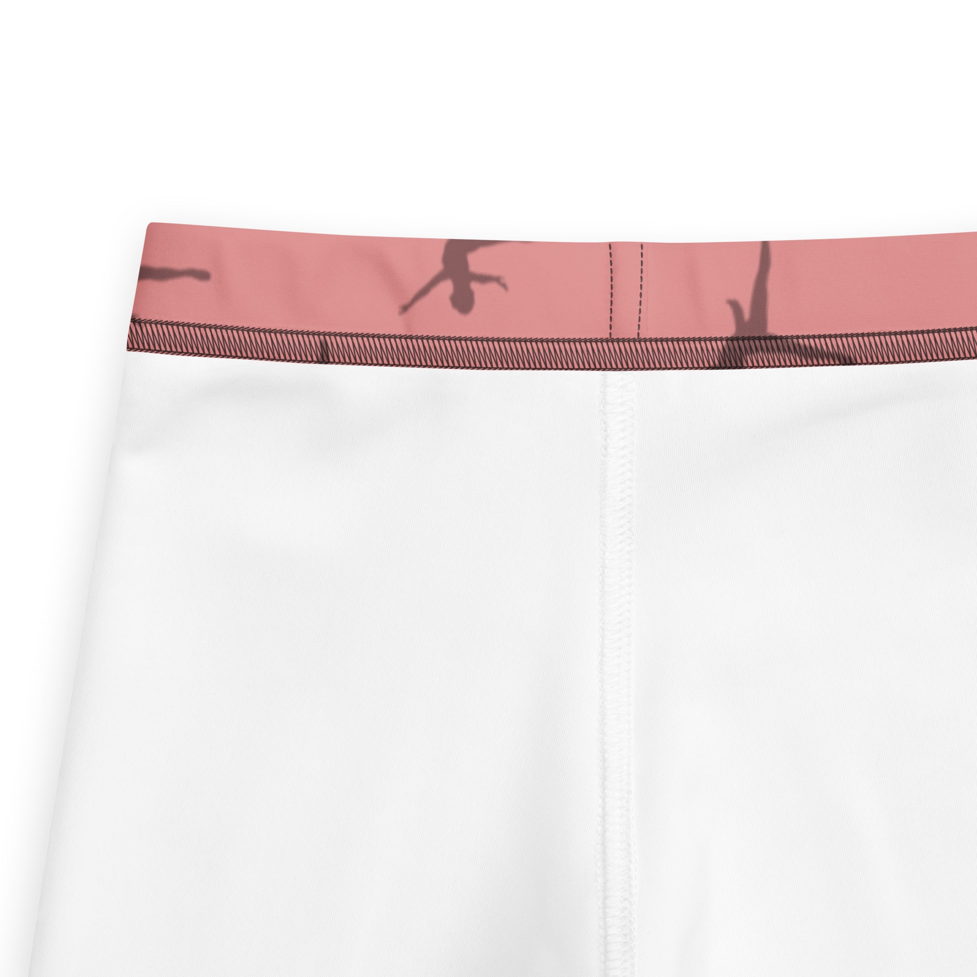 White athletic shorts with a pink waistband and dark gymnast silhouettes in girls pink dance buttery soft leggings style