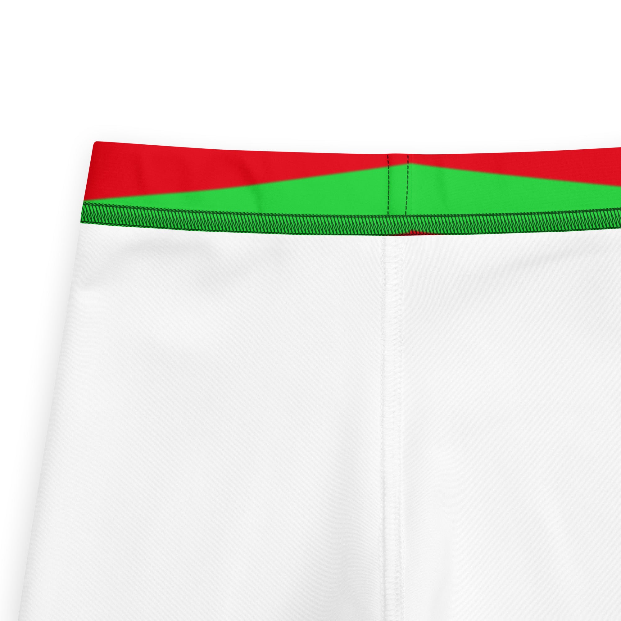 White athletic shorts with red and green striped waistband matching kids red and green striped christmas buttery soft leggings