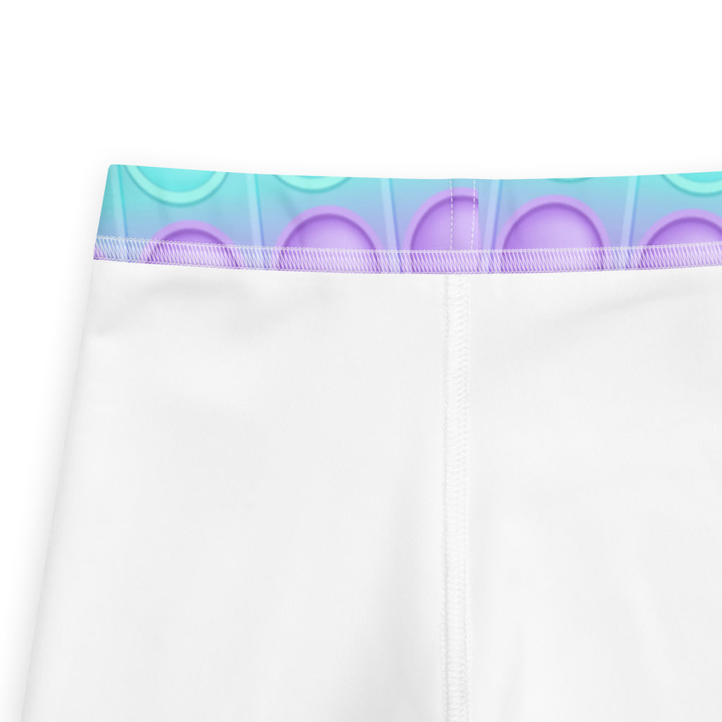 White kids bubble fidget toy themed buttery soft leggings with vibrant teal and purple gradient pop-it button waistband
