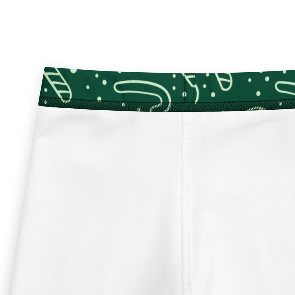 Kids green candy cane buttery soft leggings white athletic shorts with dark green waistband and light green candy cane patterns
