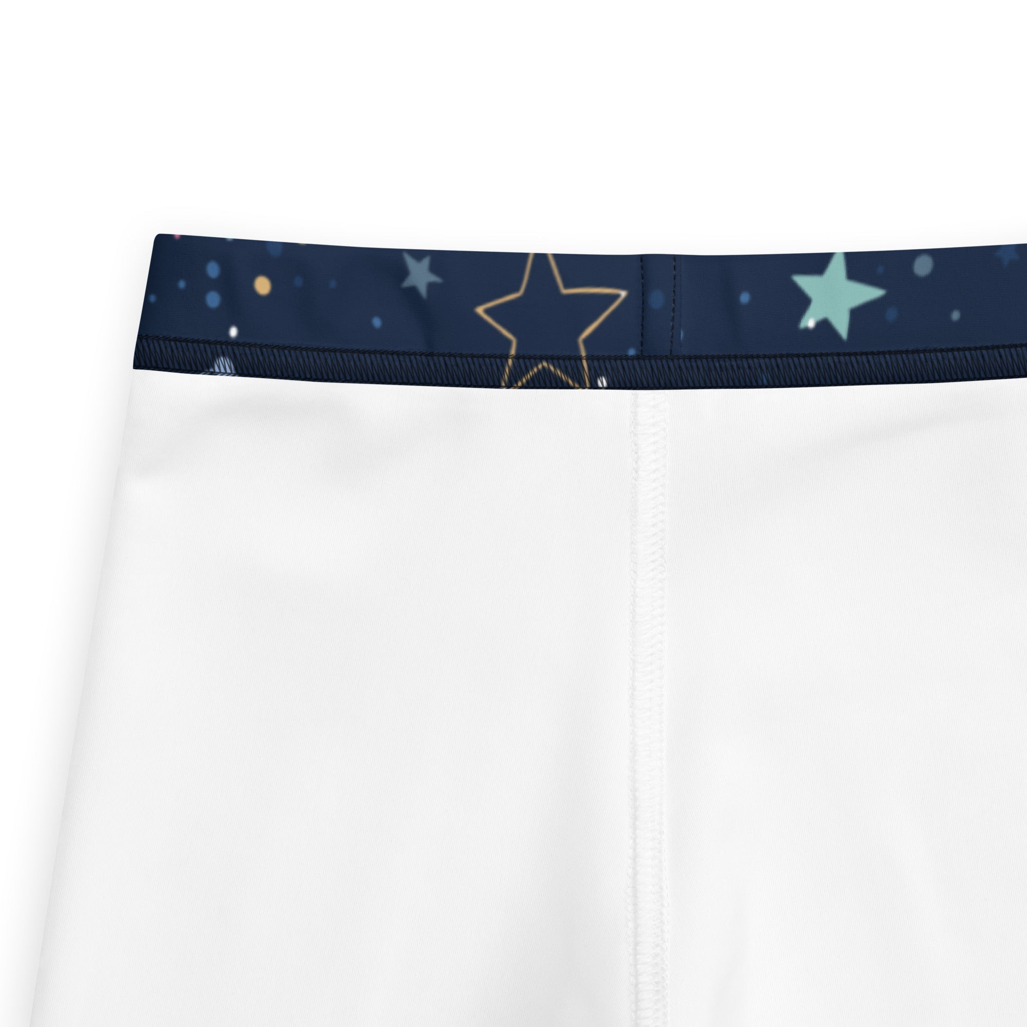 White kids underwear with navy blue star and dot waistband buttery soft galaxy space leggings design