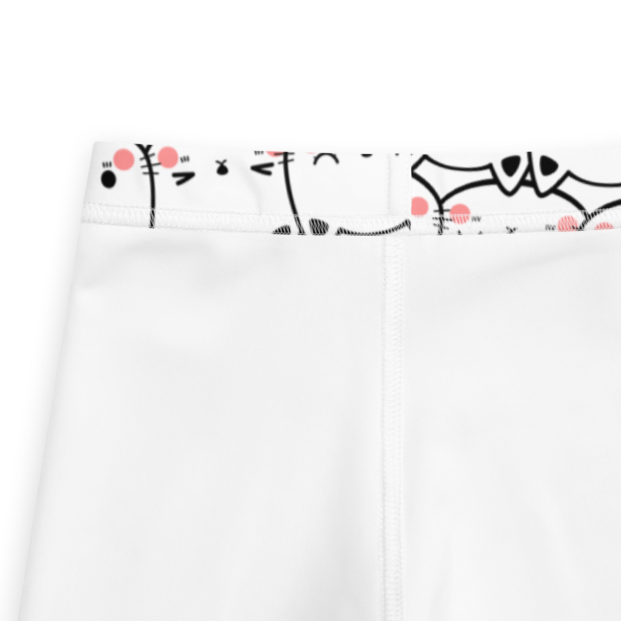 Girls white cat face buttery soft leggings with playful black and pink cartoon waistband illustrations