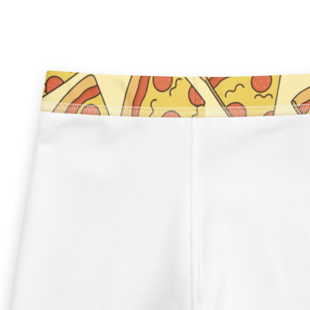 Kids pizza slice buttery soft white leggings with yellow waistband and cartoon pizza slice pattern