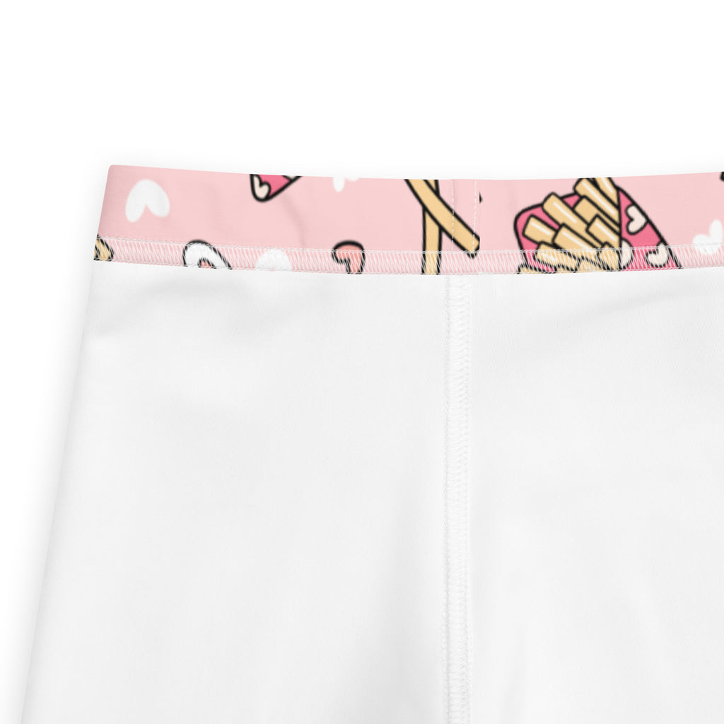 White girls french fries buttery soft leggings with pink waistband and cartoon fries and hearts pattern