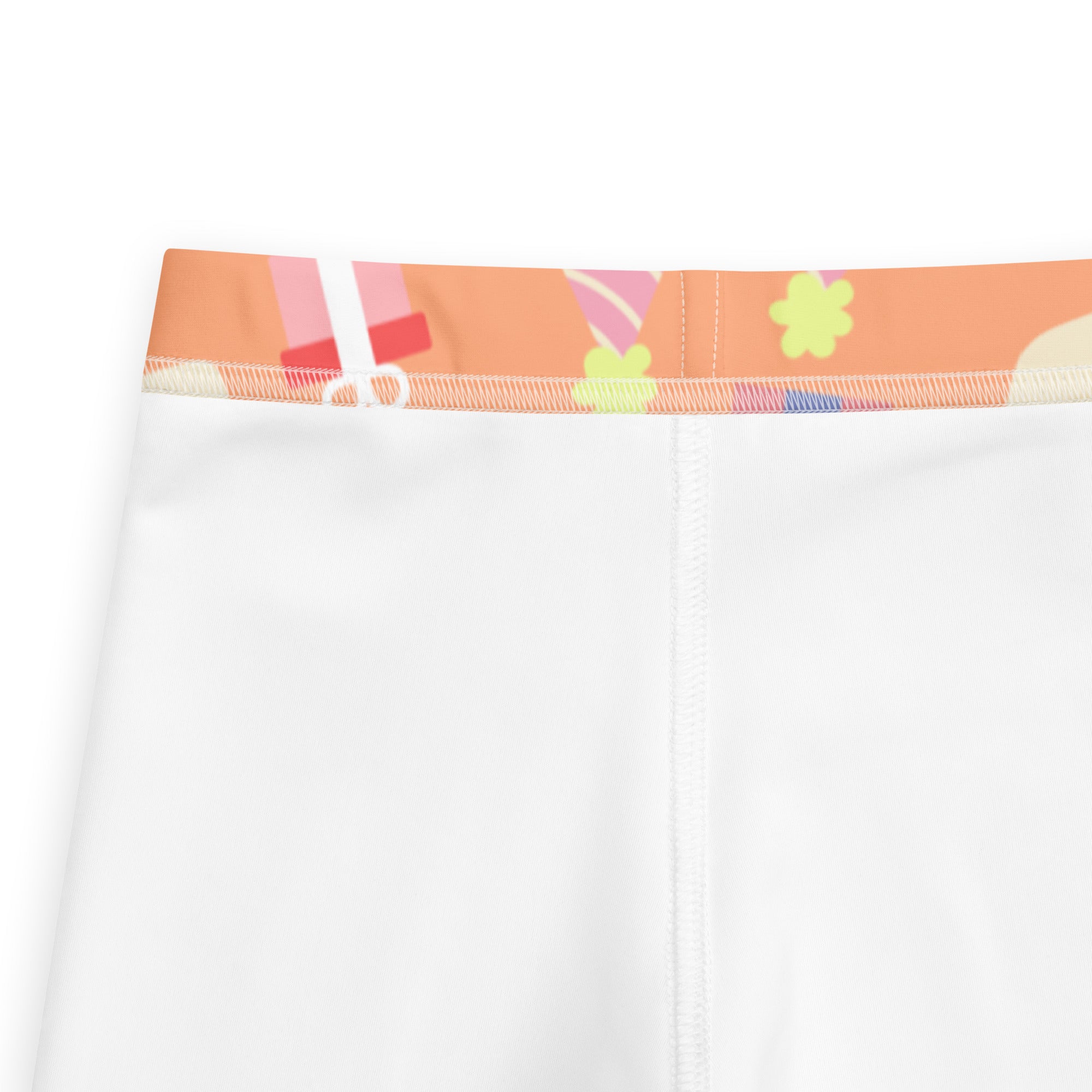 White kids leggings with colorful orange floral and geometric waistband buttery soft fabric for birthdays