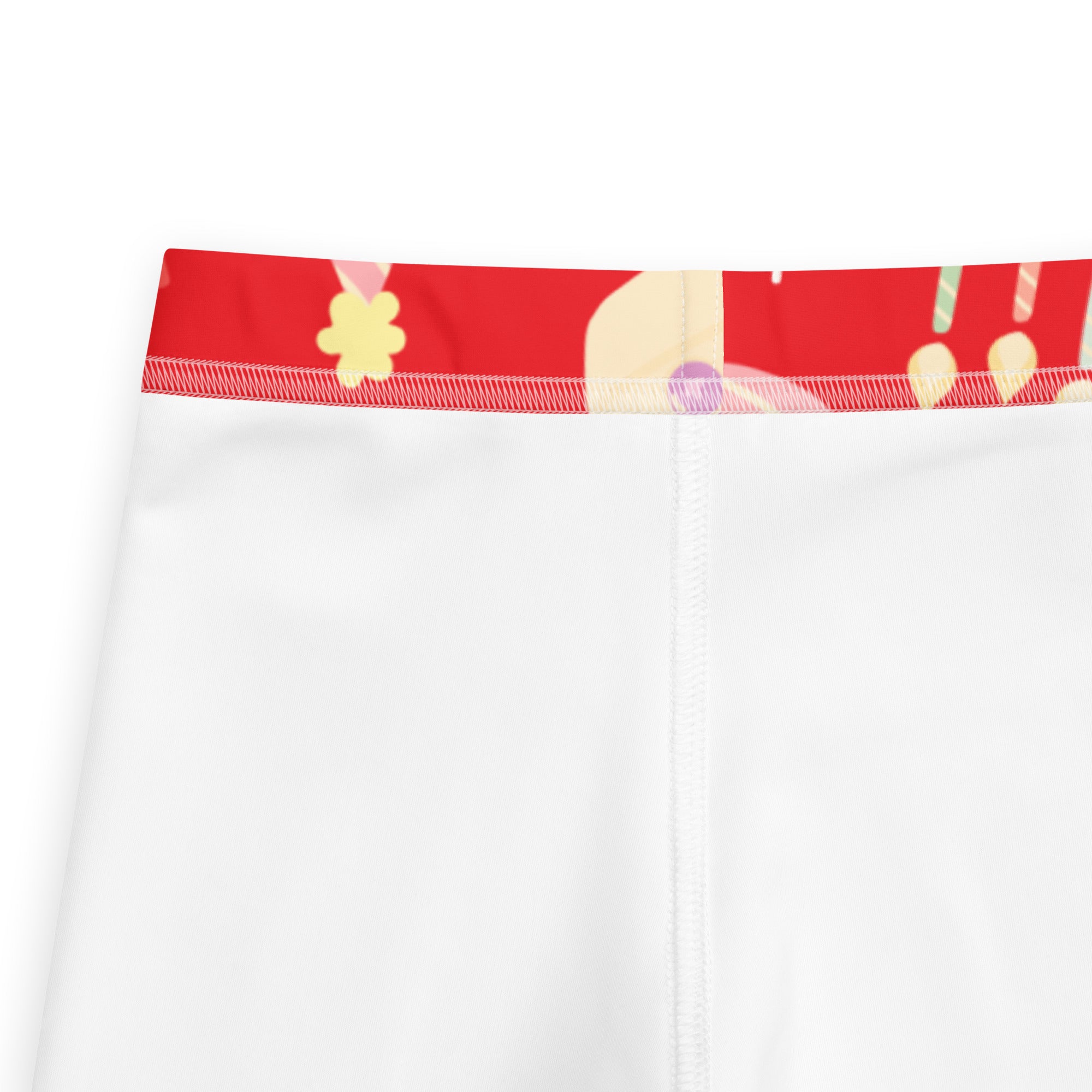 White athletic shorts with a red waistband and colorful cartoon graphics for kids birthday buttery soft leggings