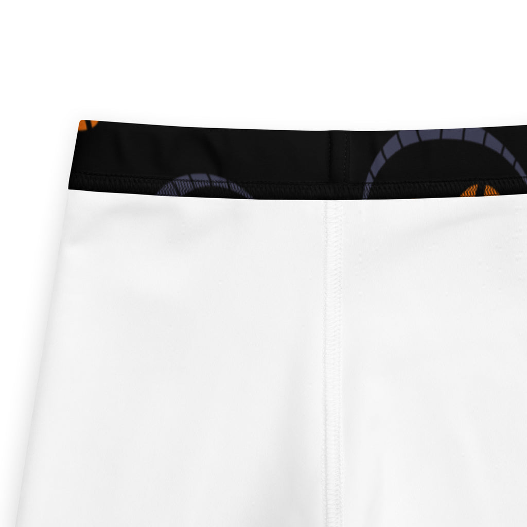 Kids halloween grinning cat buttery soft white athletic shorts with black waistband and glowing orange eyes graphic