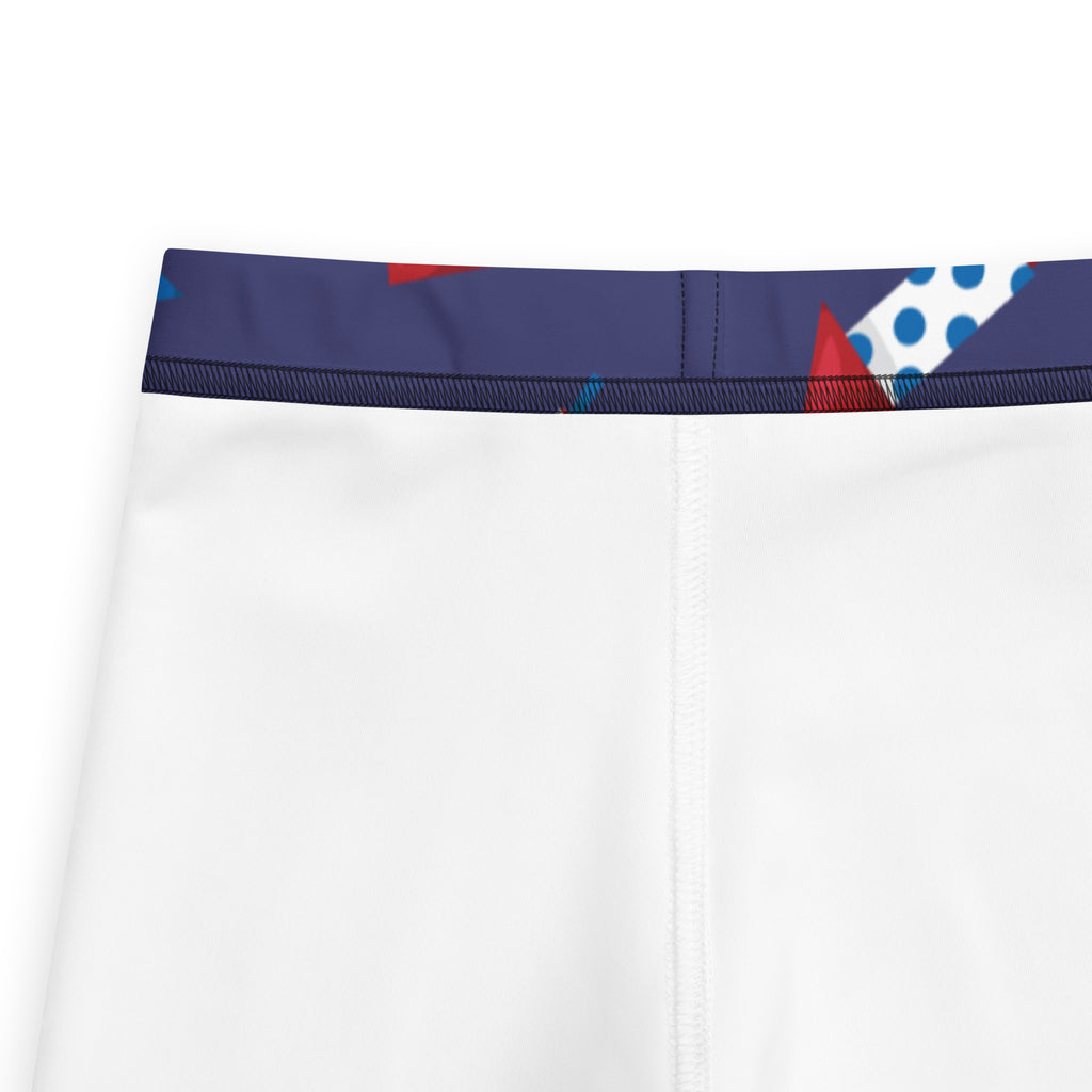 Kids firework rocket buttery soft leggings with white athletic shorts and navy waistband with red triangles and white dots