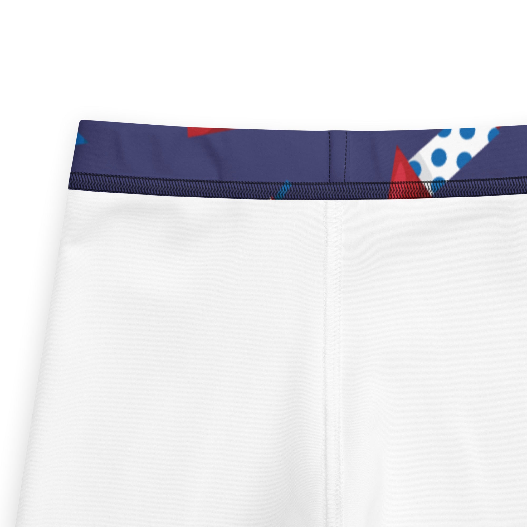 Kids firework rocket buttery soft leggings with white athletic shorts and navy waistband with red triangles and white dots