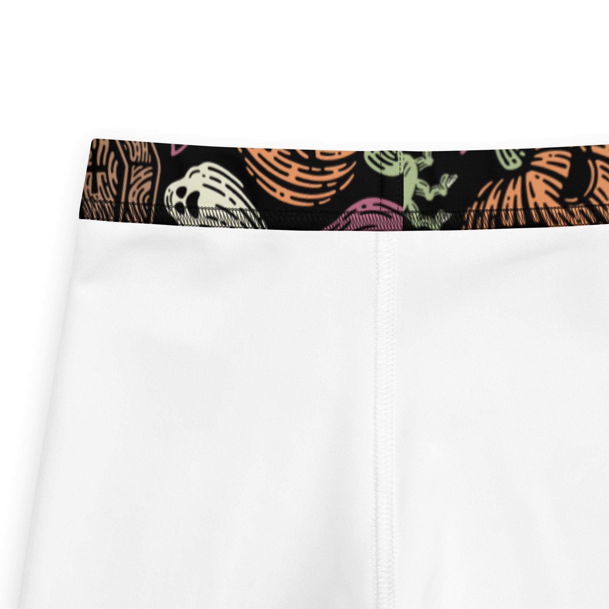 Kids creepy halloween buttery soft white shorts with colorful skull pumpkin waistband in orange green and pink