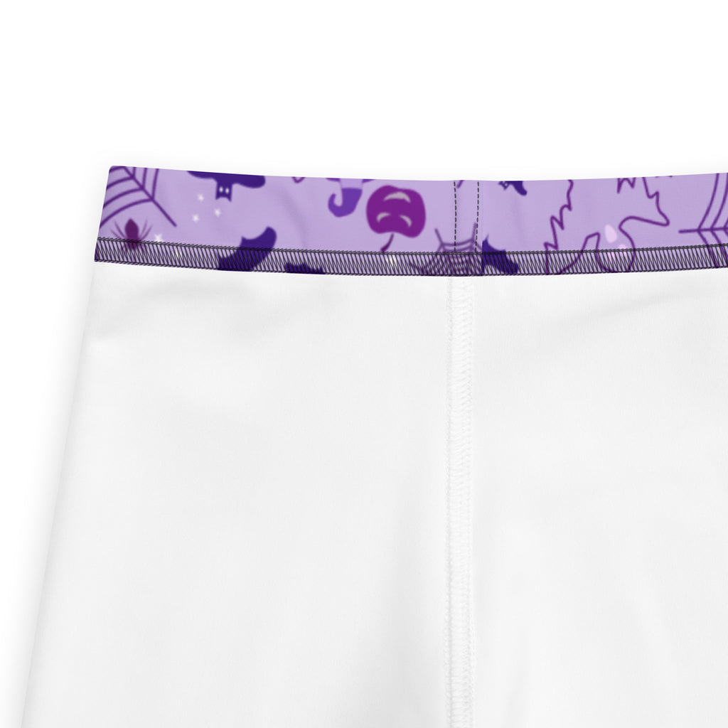 Kids purple halloween buttery soft leggings in white with purple waistband and halloween-themed illustrations