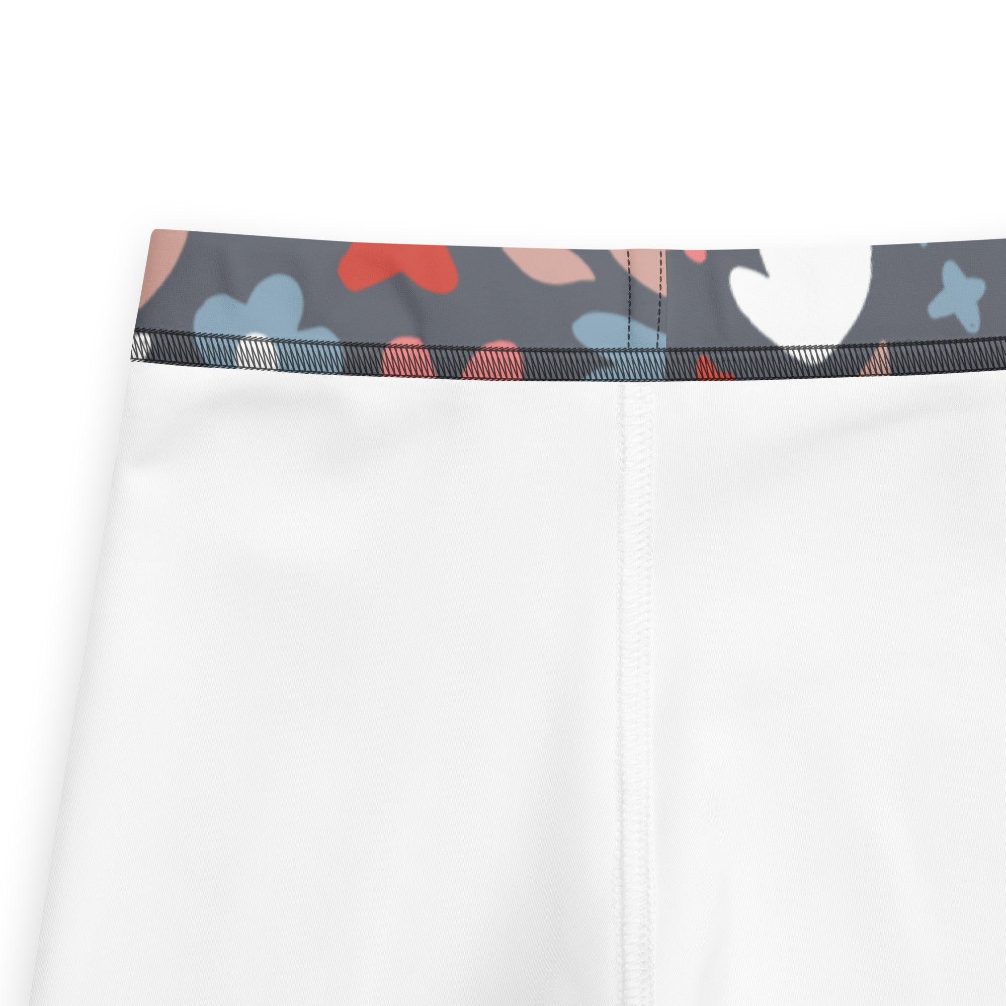 Girls gray floral pattern buttery soft leggings with white legs and colorful abstract pastel clouds and hearts waistband