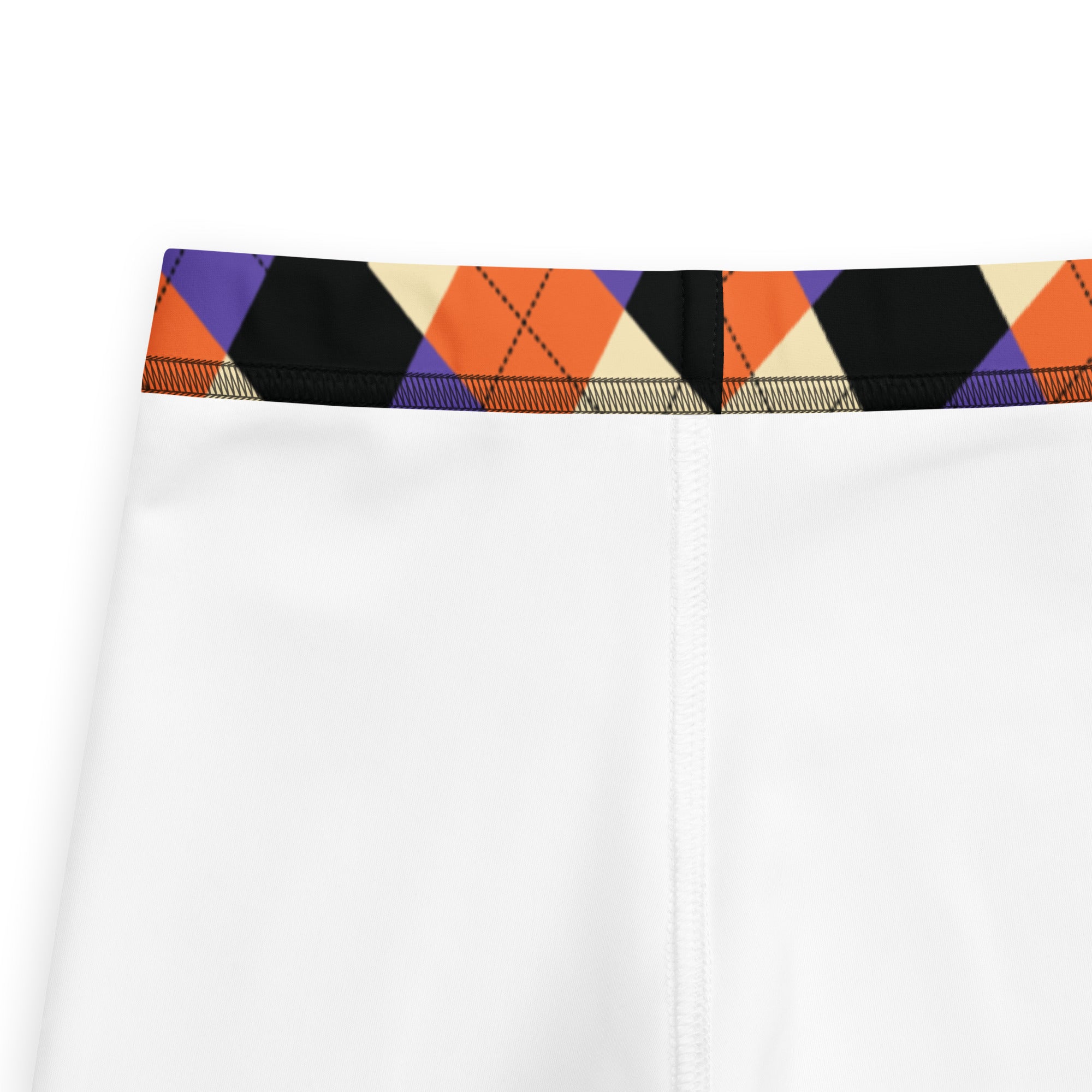 Kids halloween argyle buttery soft leggings with white shorts and vibrant orange black purple cream argyle waistband