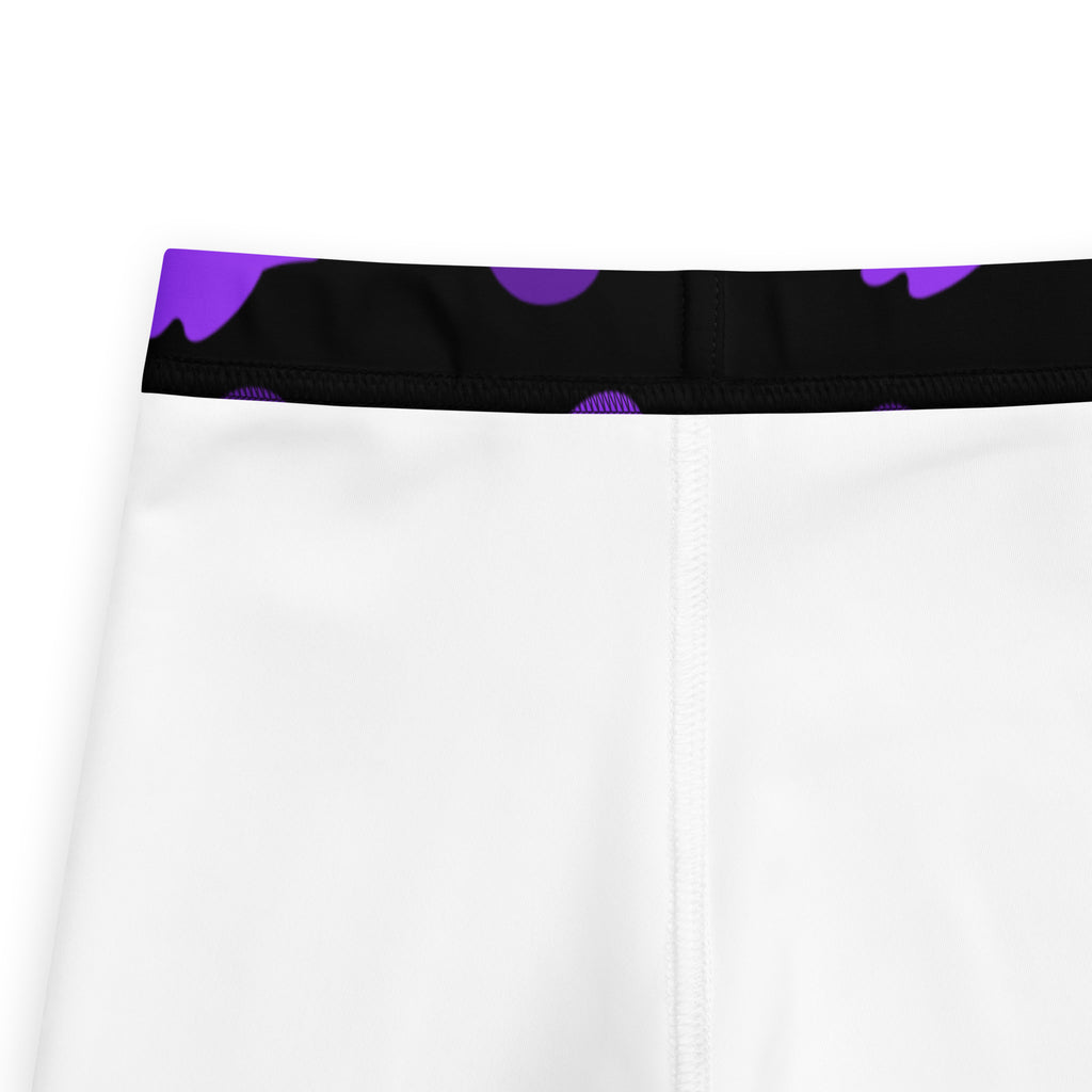 White athletic shorts with a black waistband and purple abstract splatter patterns for girls purple ghosts halloween buttery soft leggings