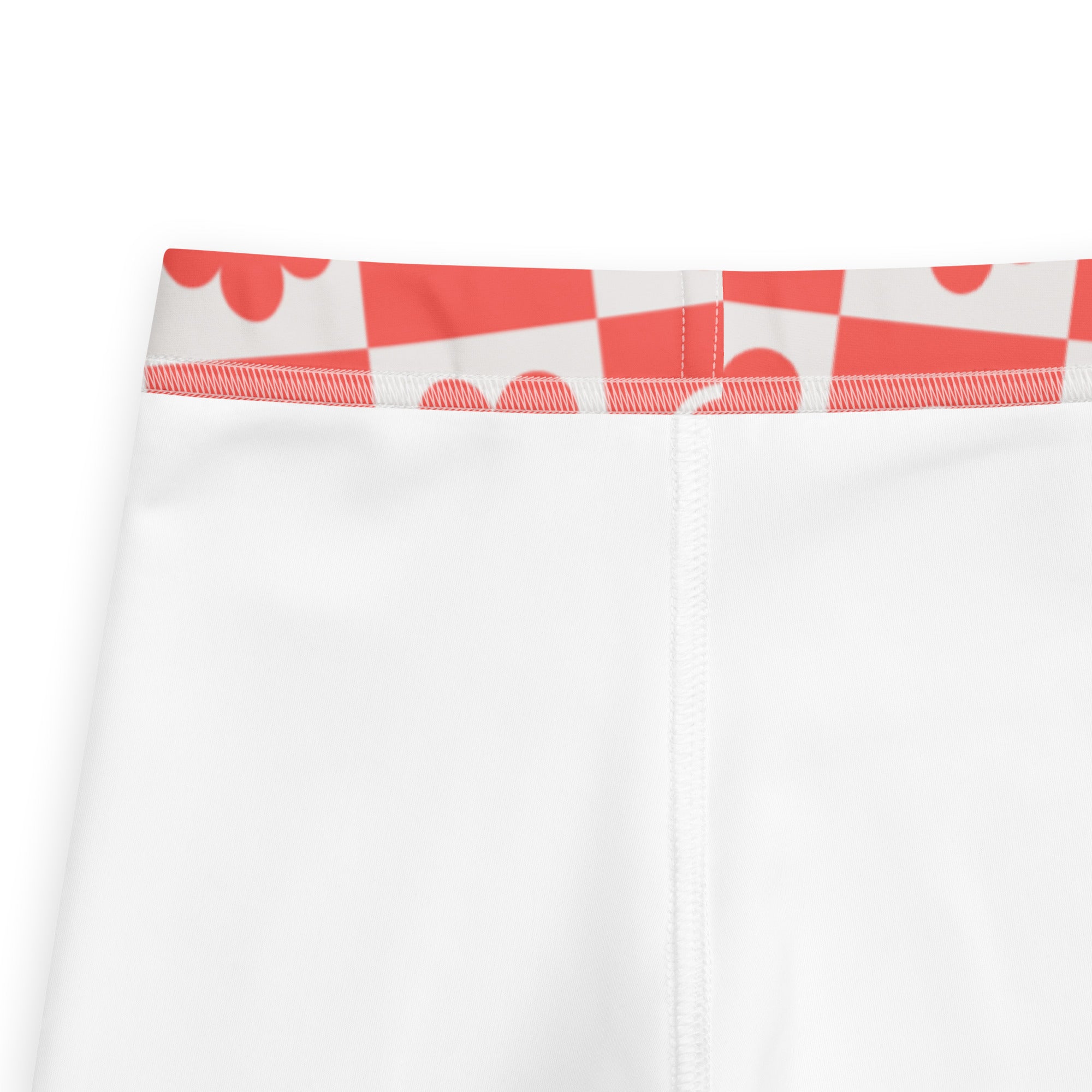 Girls white buttery soft leggings with coral and white checkered scalloped waistband red checkerboard flower design