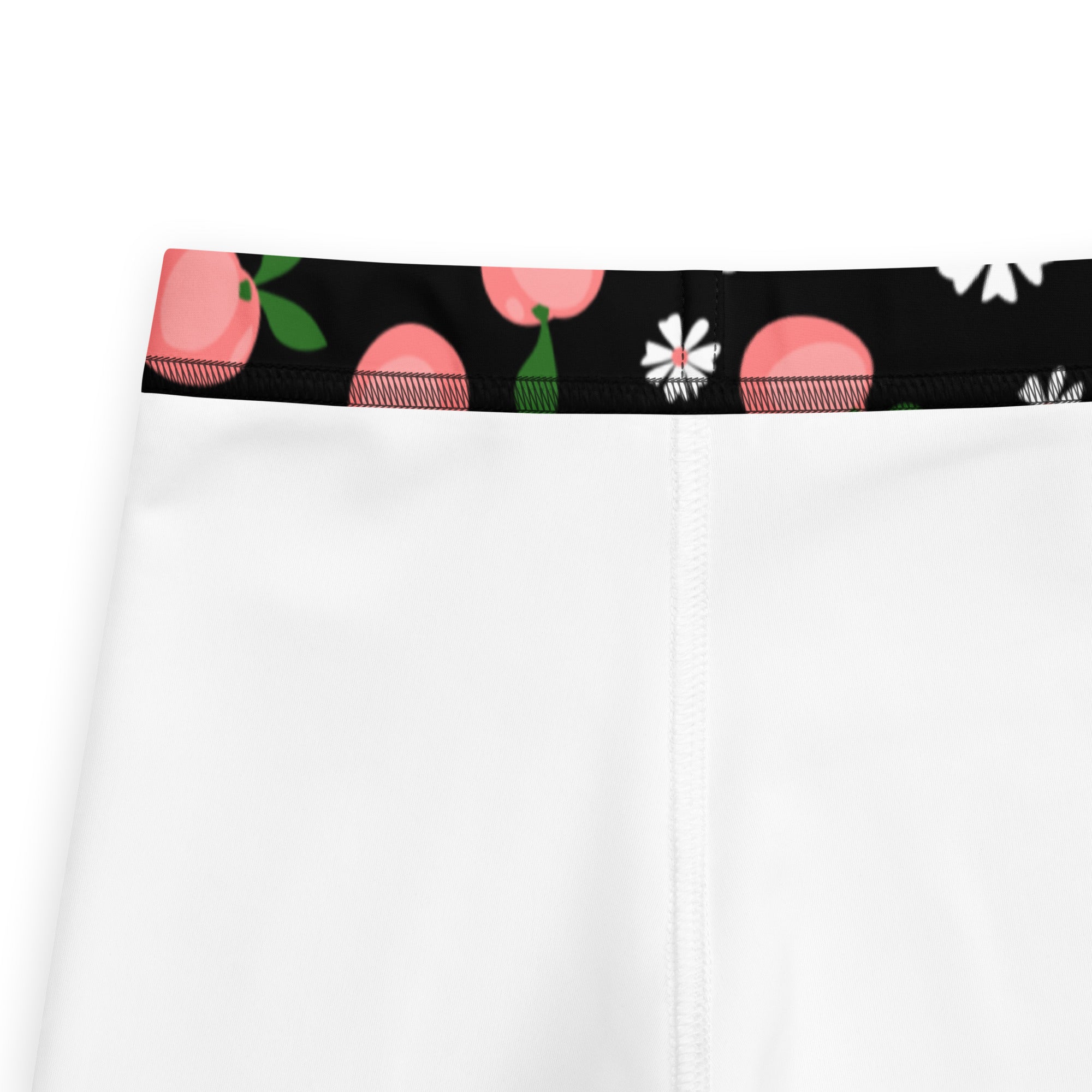 White girls peach blossom print buttery soft leggings with black waistband pink peaches and white daisies pattern