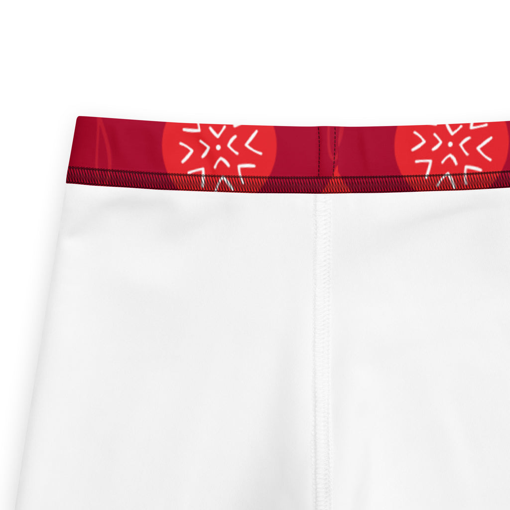 White athletic shorts with red elastic waistband and white snowflake patterns for girls christmas leggings