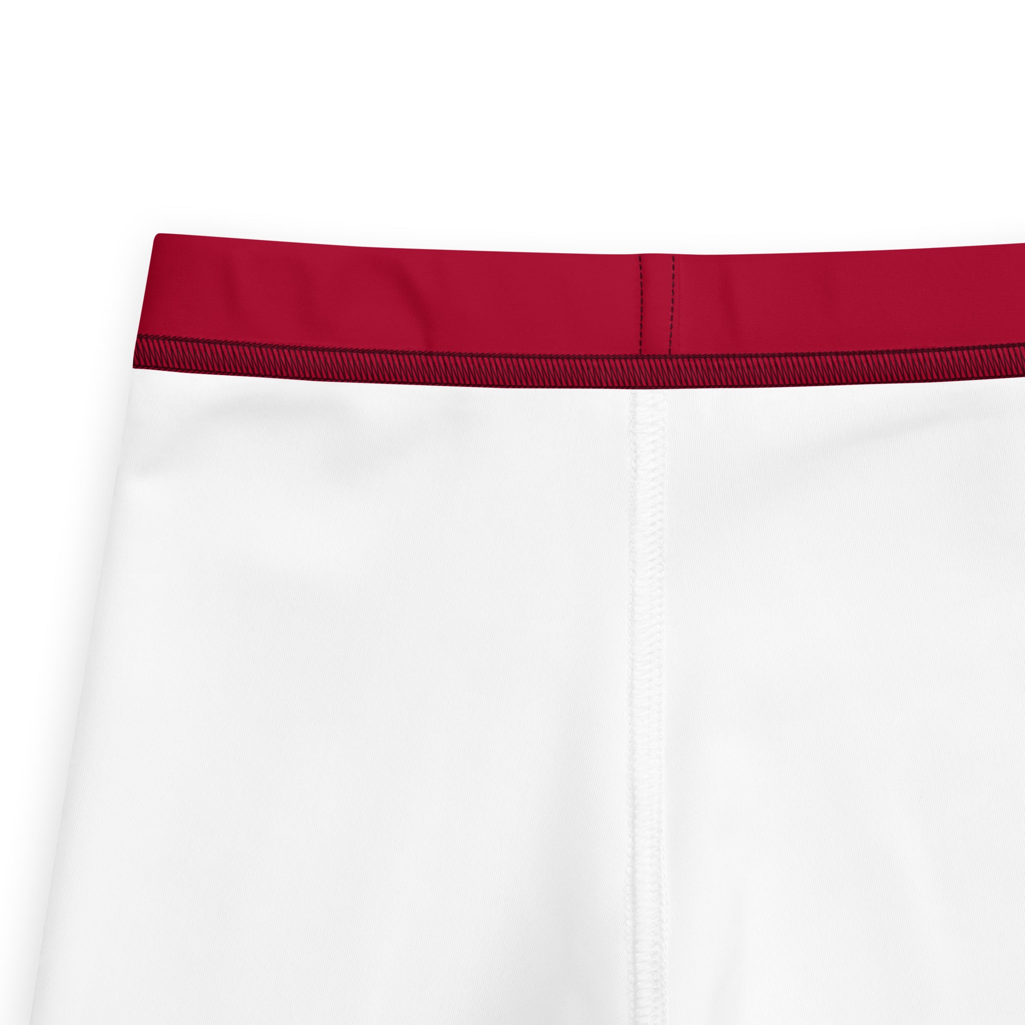 White athletic shorts with bold red elastic waistband shown with kids dark red buttery soft leggings product