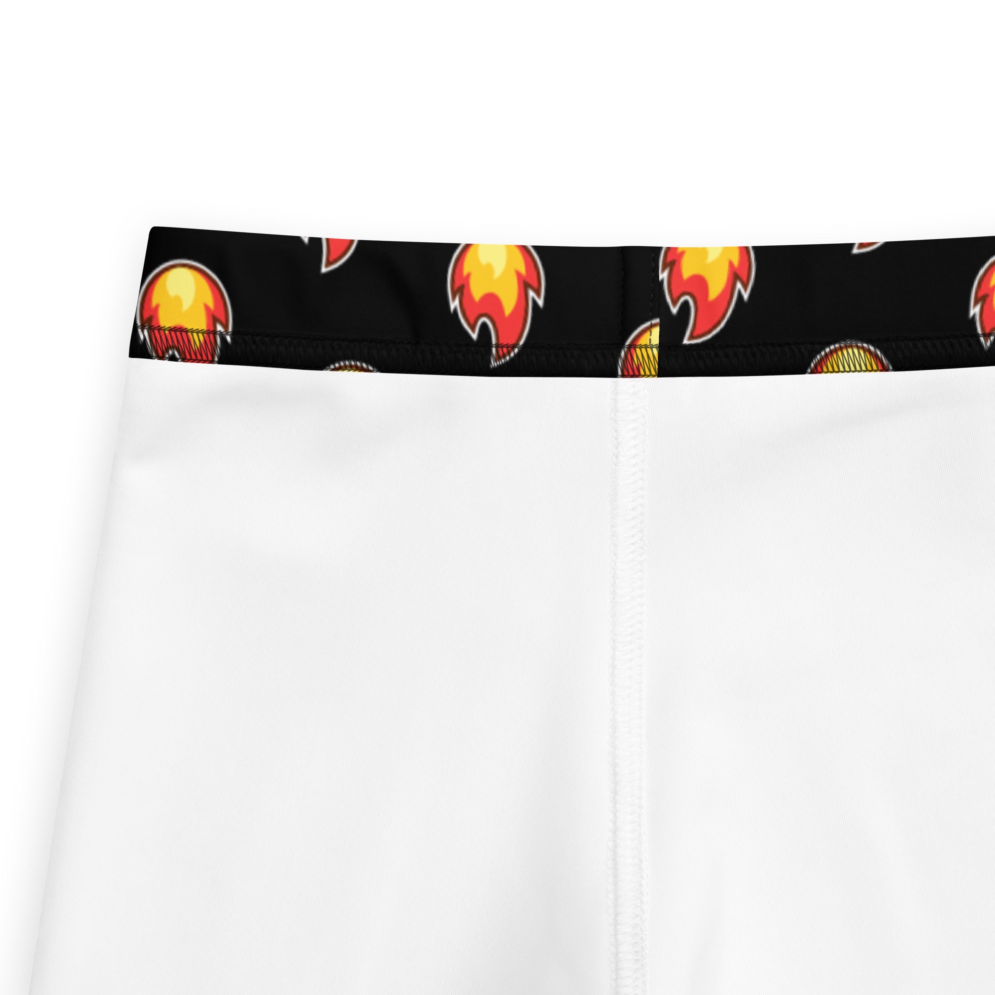 Kids flame emoji buttery soft leggings white shorts with black waistband and orange yellow cartoon flame pattern