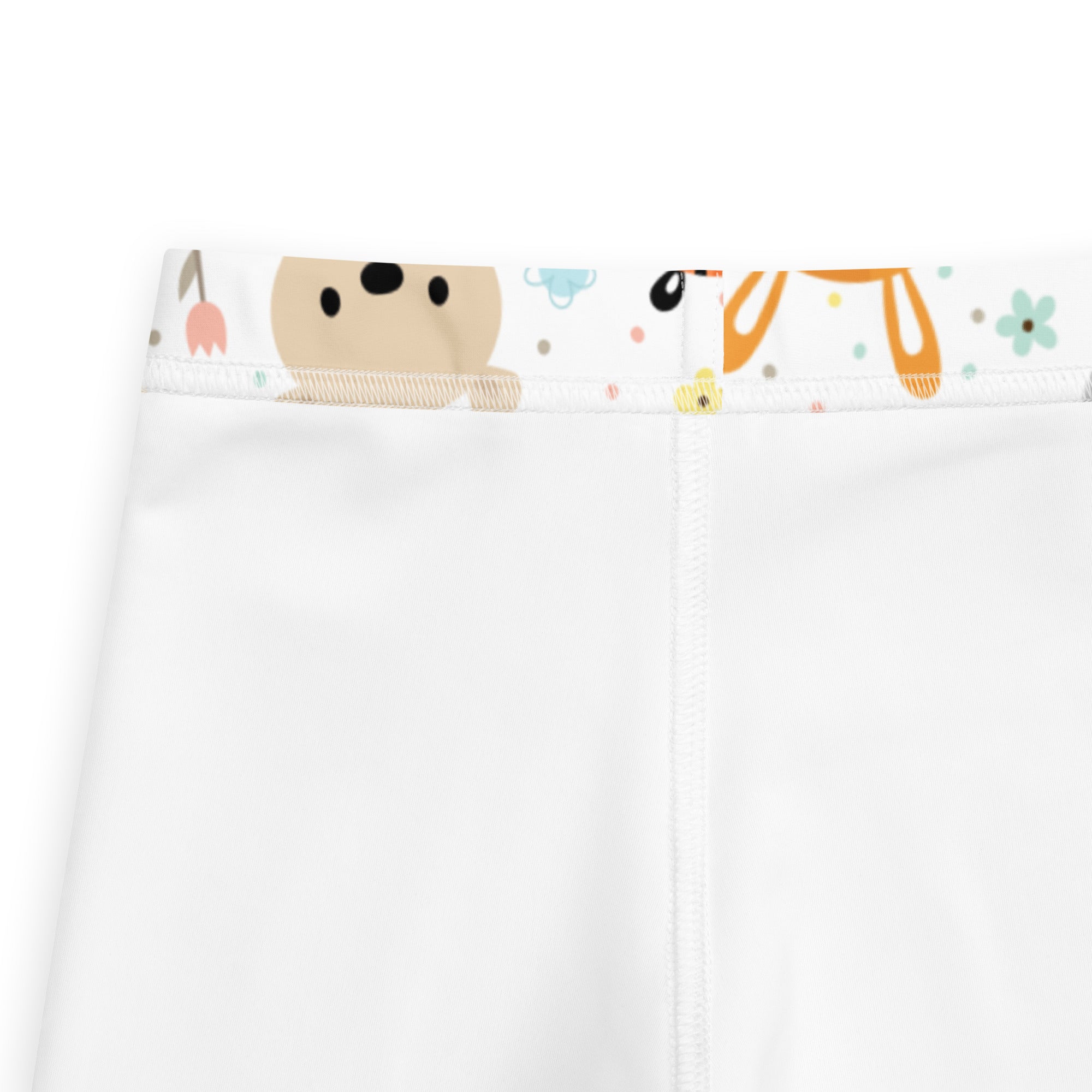Kids animal faces buttery soft leggings white pants with playful waistband featuring beige orange pastel animal prints