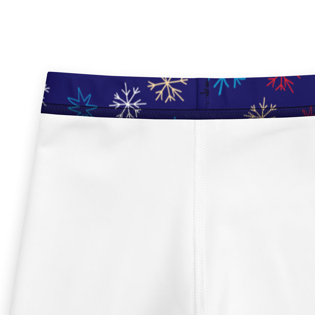 Kids snowflake pattern buttery soft white athletic leggings with navy waistband and colorful snowflake designs