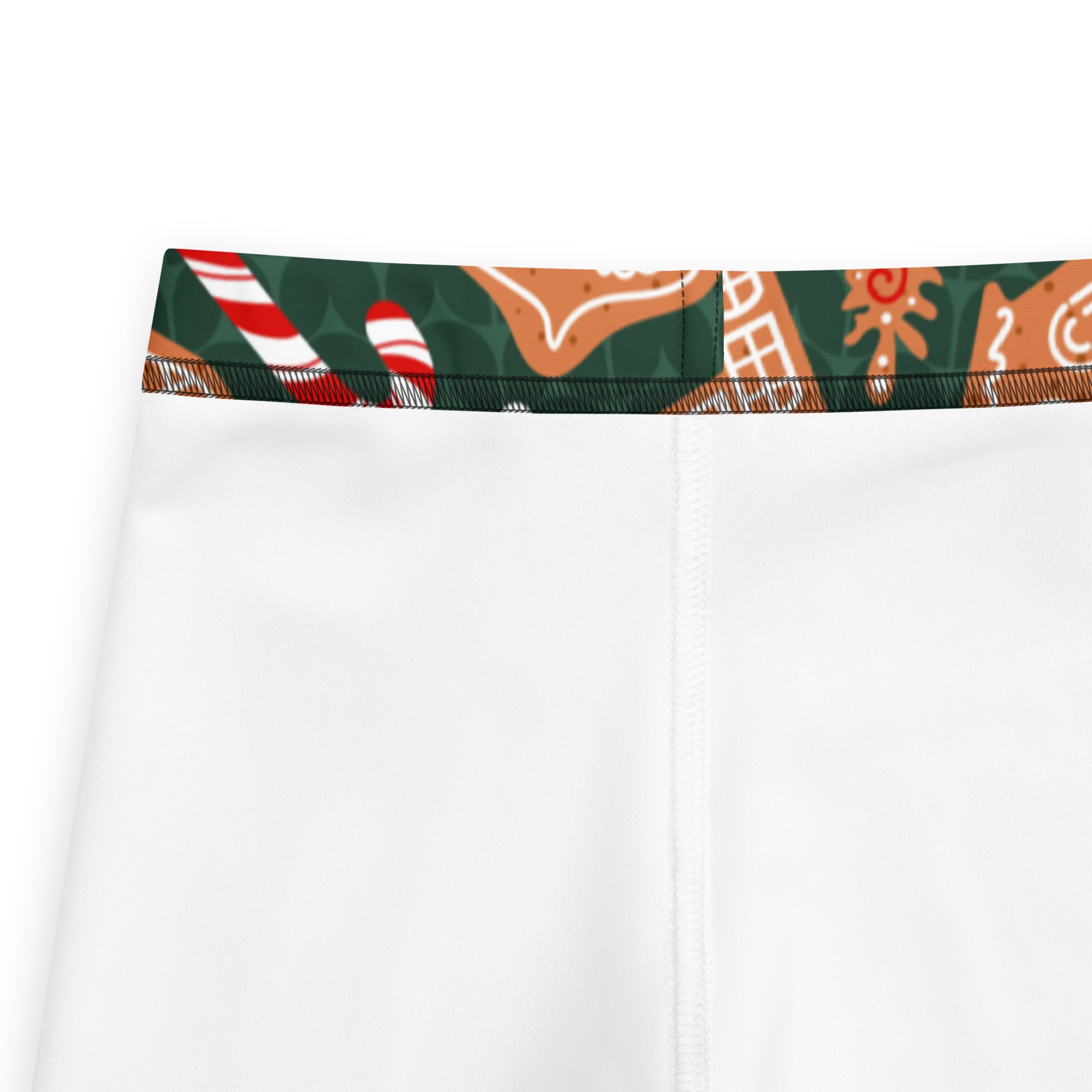 Kids green gingerbread cookie christmas buttery soft white leggings with festive candy cane and holly waistband