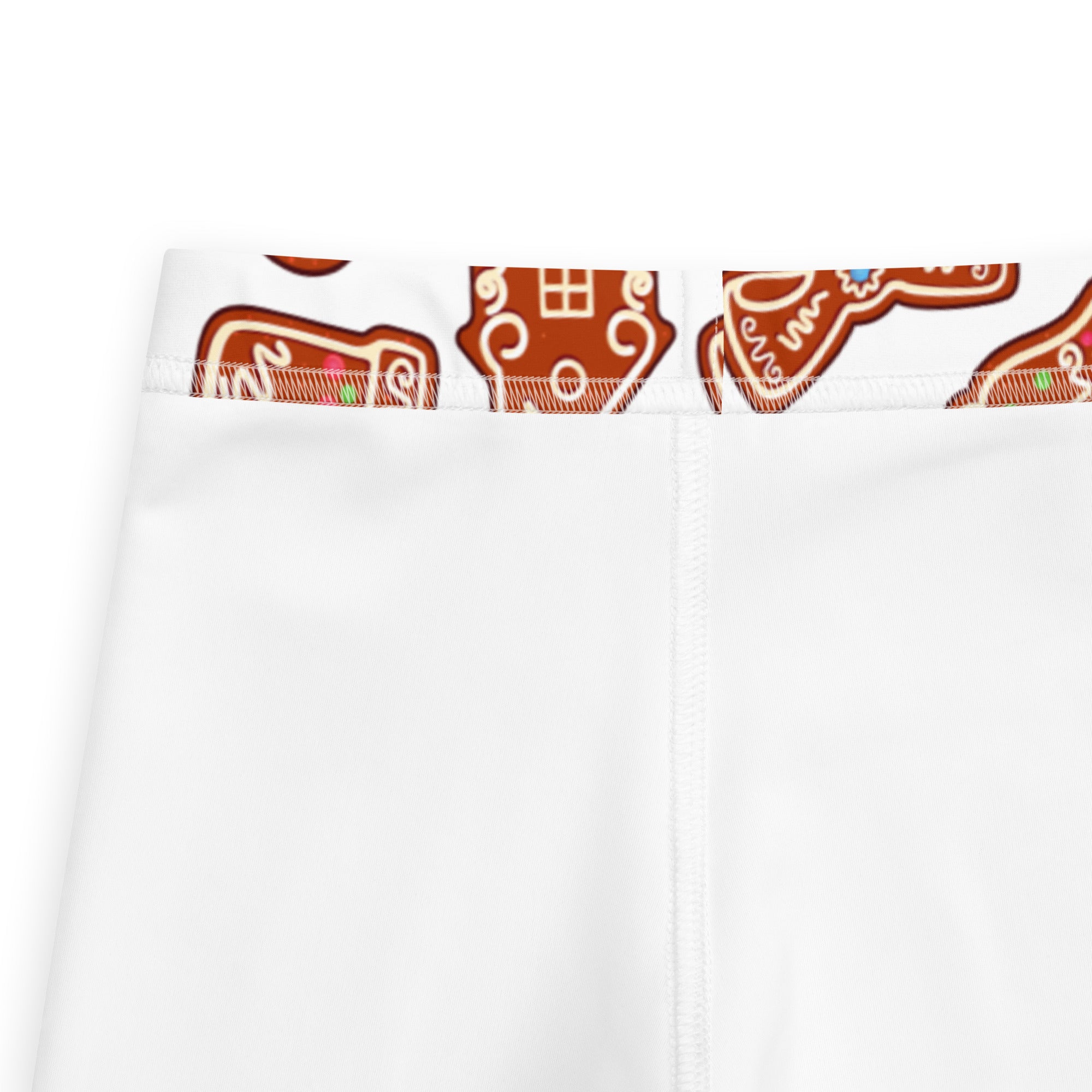 White kids gingerbread cookie christmas buttery soft leggings with festive gingerbread house and cookie waistband pattern