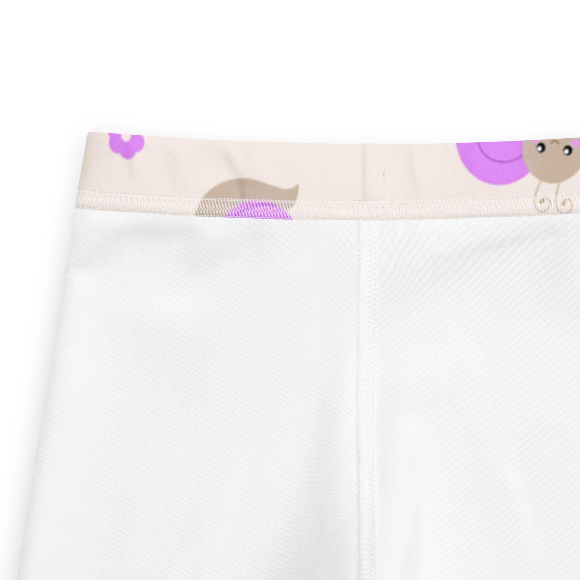 Girls purple snail buttery soft white leggings with beige waistband and purple brown cartoon character prints