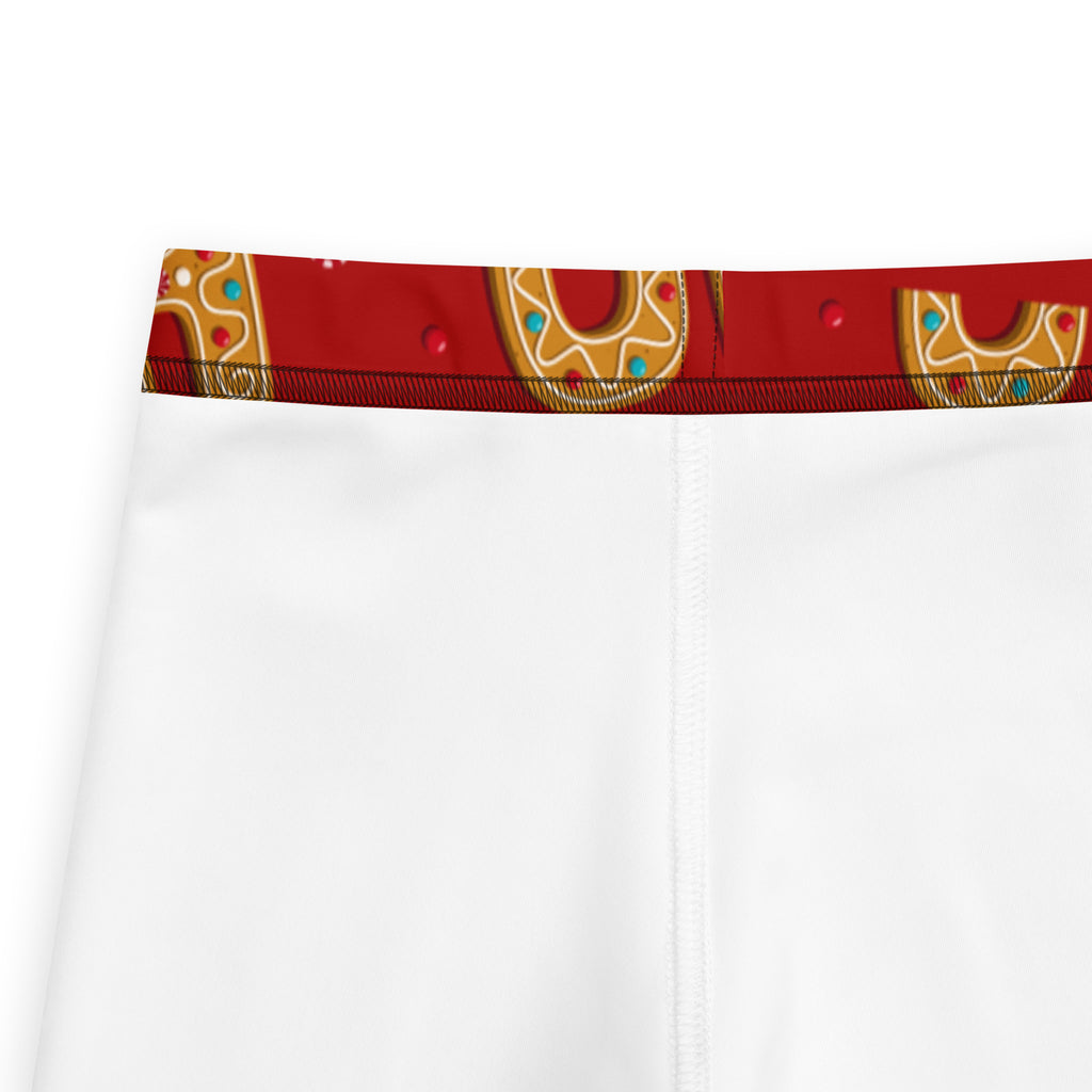 Girls gingerbread ho ho ho christmas buttery soft white shorts with festive red waistband and golden gingerbread men designs