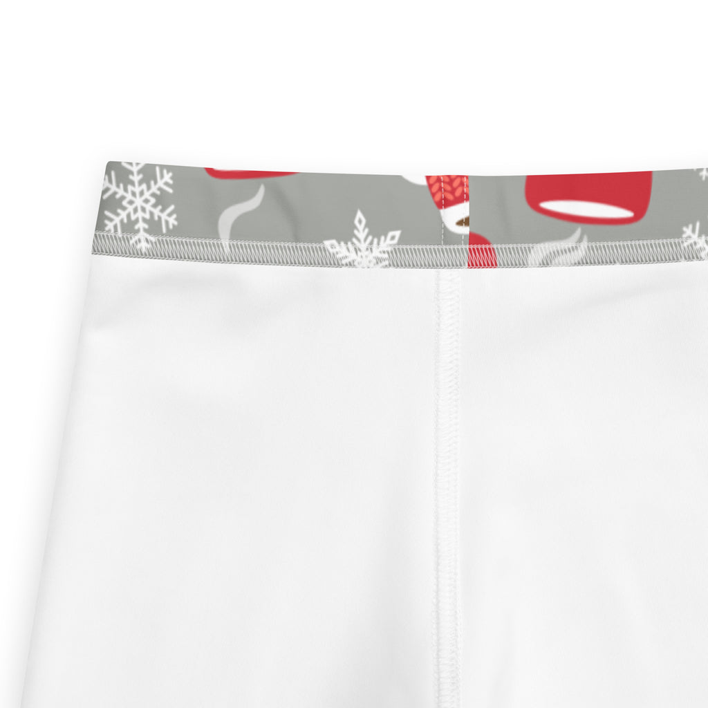 White underwear with a gray waistband featuring red and white snowflake patterns for kids cozy hot cocoa themed buttery soft leggings