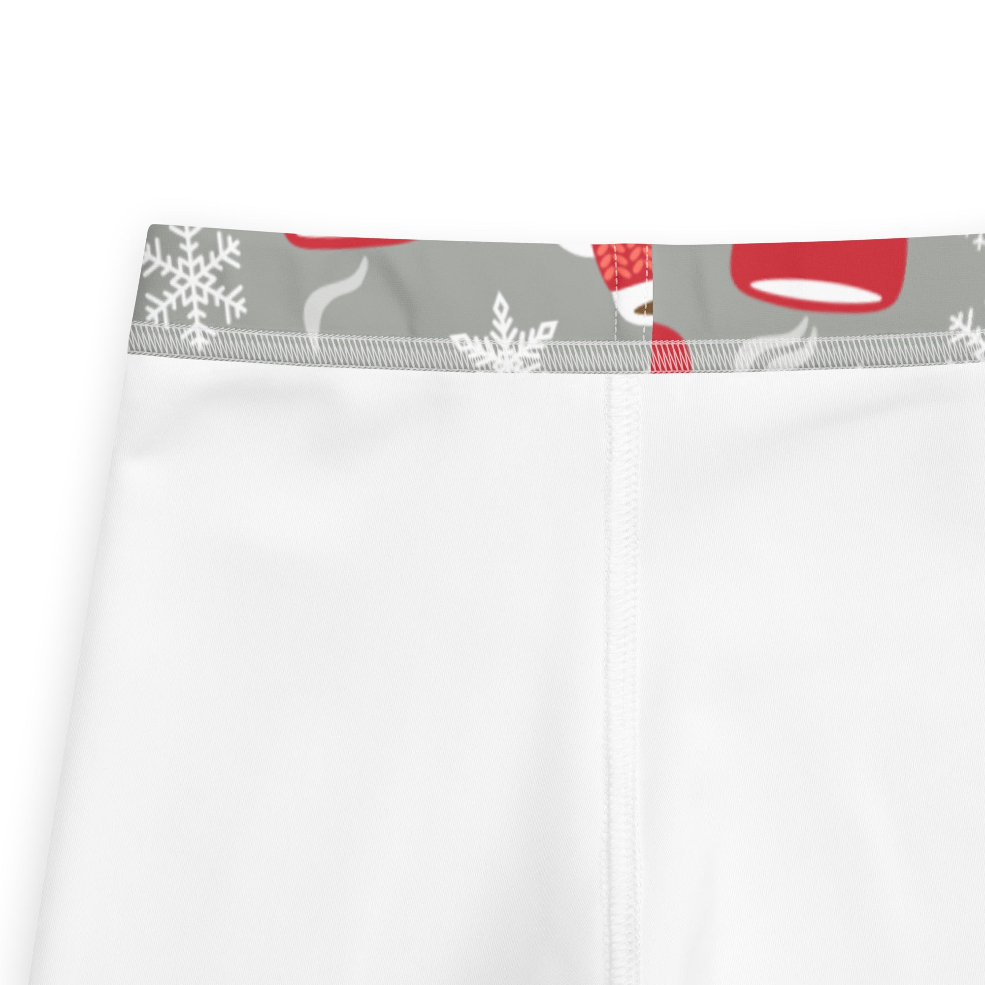 White underwear with a gray waistband featuring red and white snowflake patterns for kids cozy hot cocoa themed buttery soft leggings