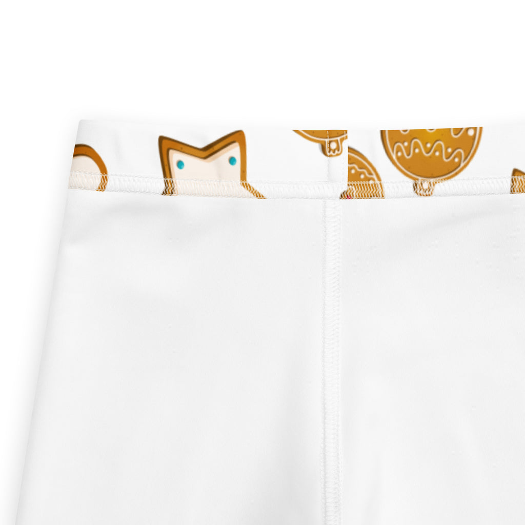 Kids gingerbread cookie christmas buttery soft white leggings with playful cartoon gingerbread cats and gold teal ornaments