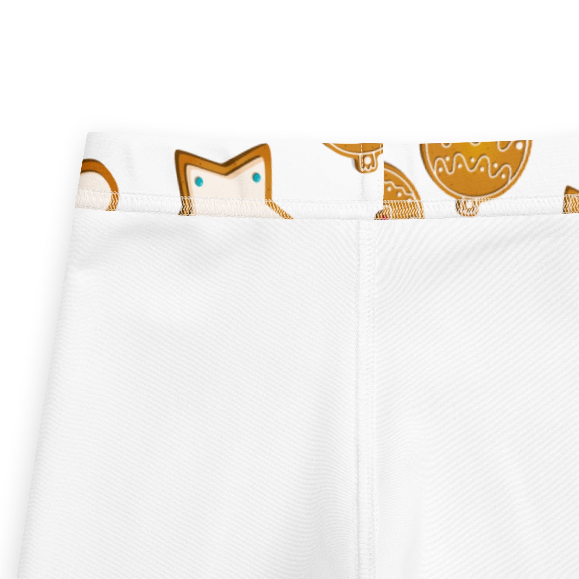 Kids gingerbread cookie christmas buttery soft white leggings with playful cartoon gingerbread cats and gold teal ornaments