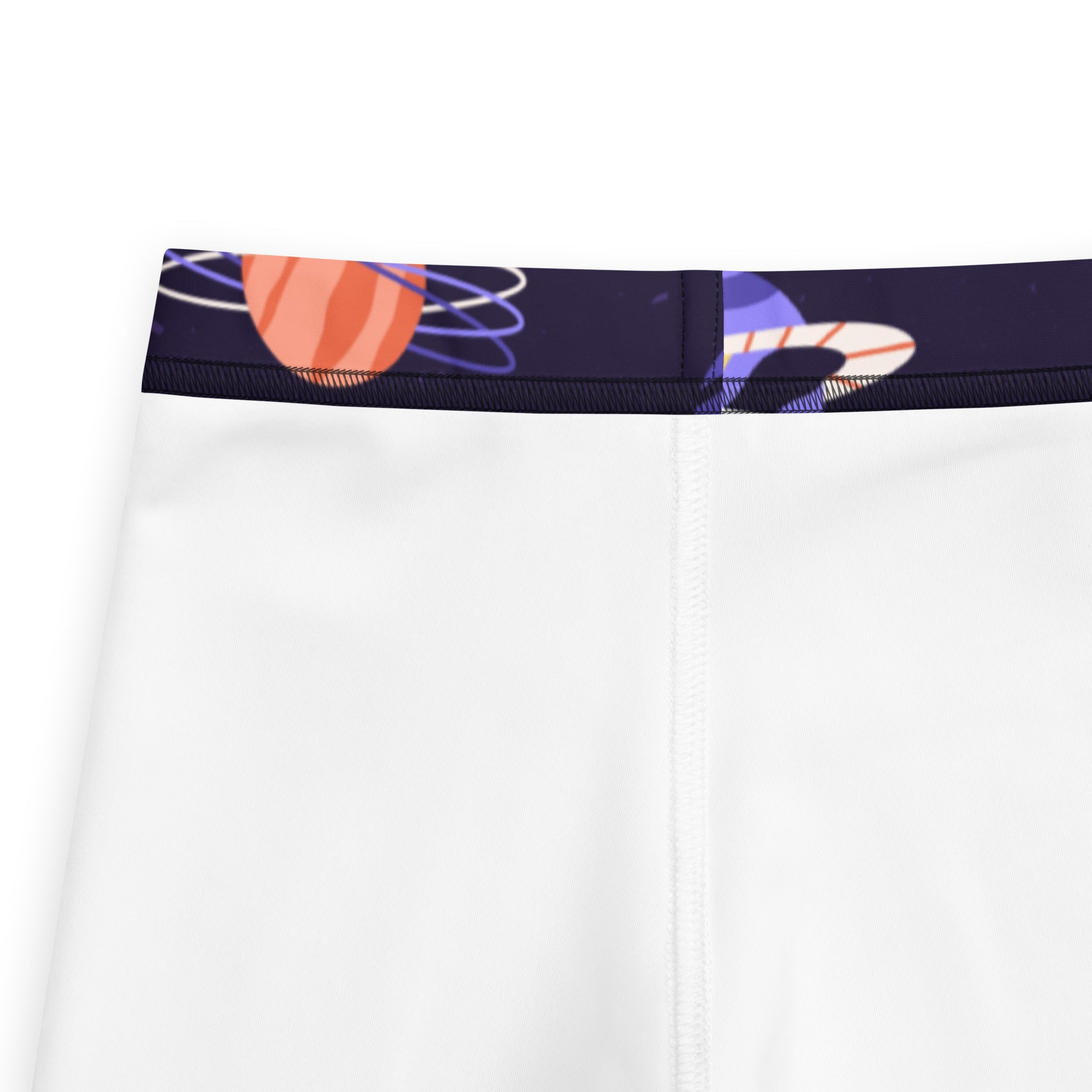 White athletic shorts with navy blue waistband and colorful cartoon planet design paired with girls purple outer space buttery soft leggings
