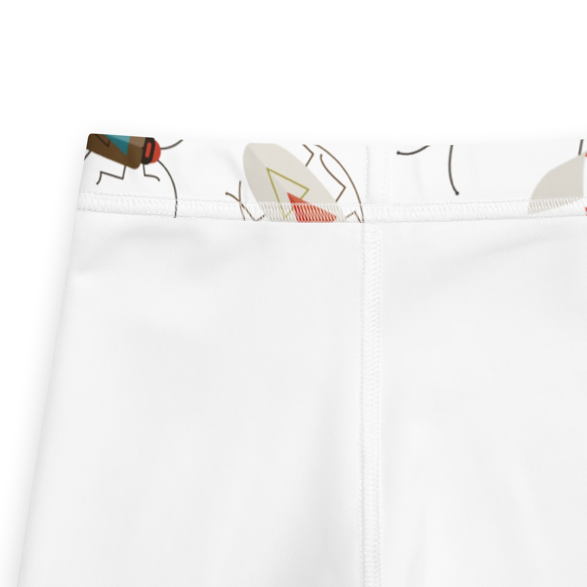White kids bug print buttery soft leggings with playful cartoon insect and geometric pattern on the waistband