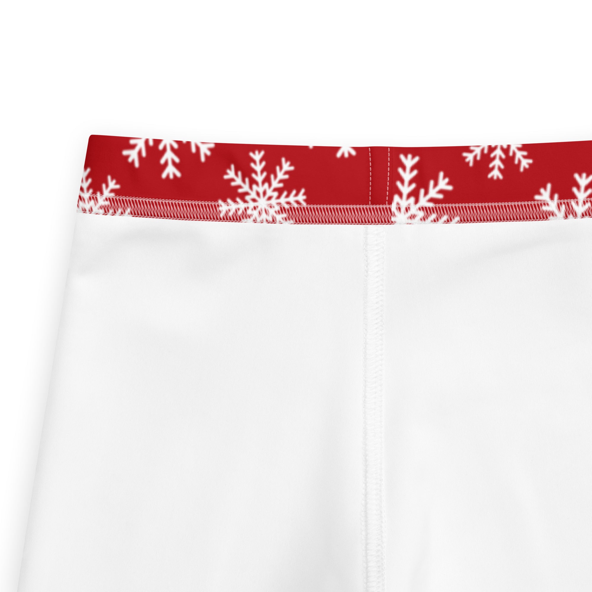 Kids red snowflake christmas buttery soft leggings in white with red waistband and white snowflake patterns