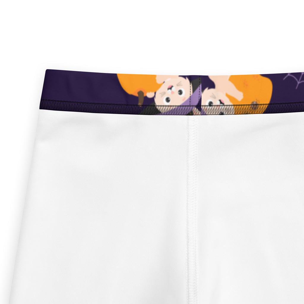 Girls halloween bunny buttery soft leggings featuring white athletic shorts with a purple waistband and cartoon graphic