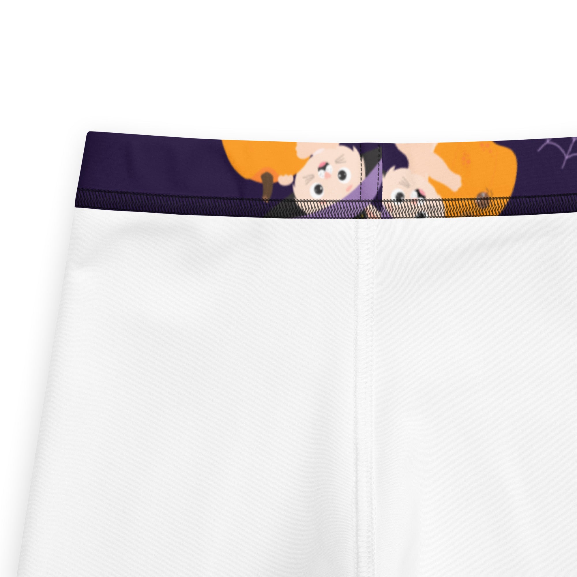 Girls halloween bunny buttery soft leggings featuring white athletic shorts with a purple waistband and cartoon graphic